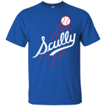Scully in Los Angeles Dodgers logo style shirt