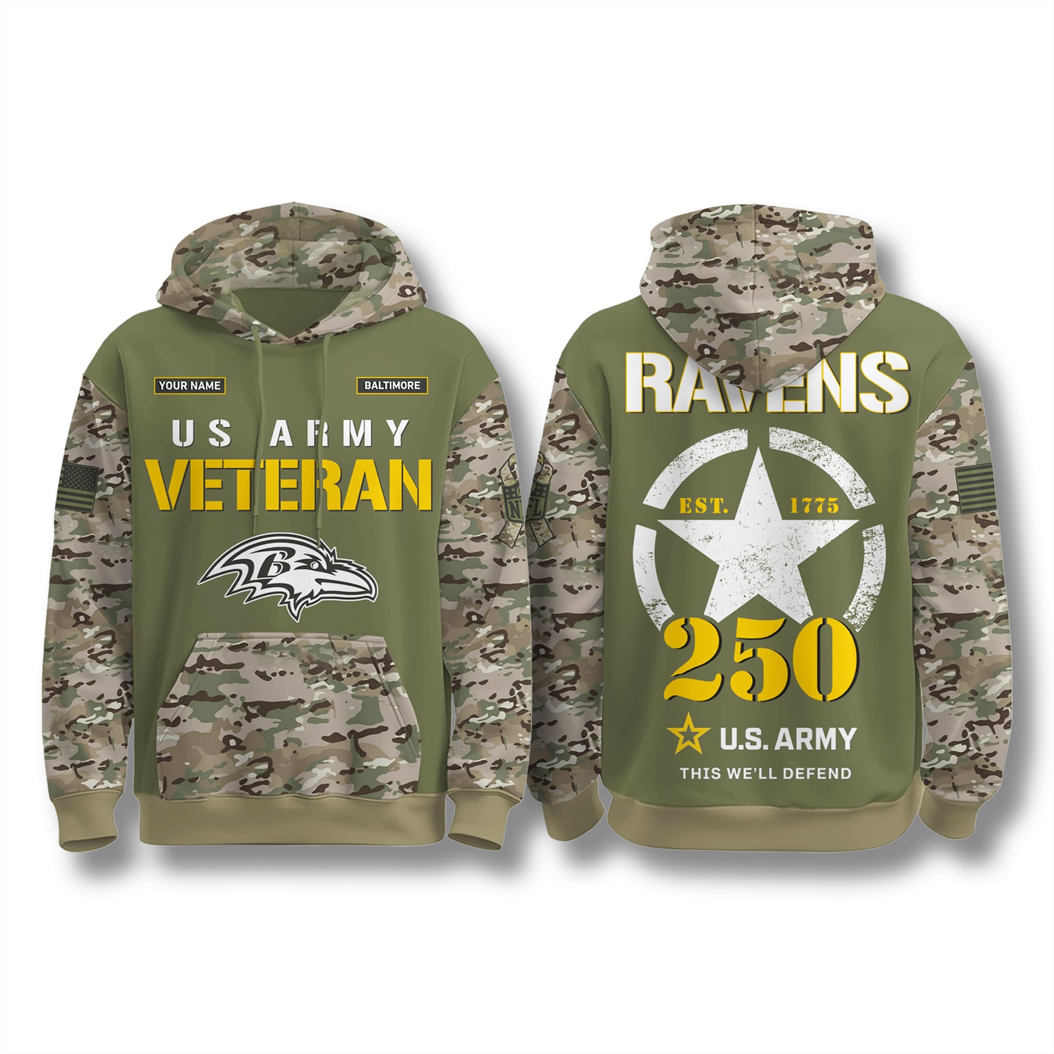 Baltimore Ravens US Army 250th Anniversary Camo Hoodie 1 Baltimore Ravens US Army 250th Anniversary Camo Hoodie 1