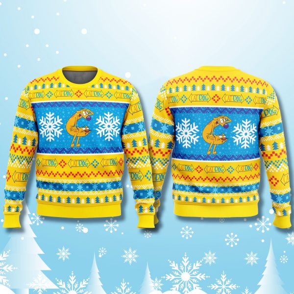 CatDog Yellow Ugly Christmas Sweater 1