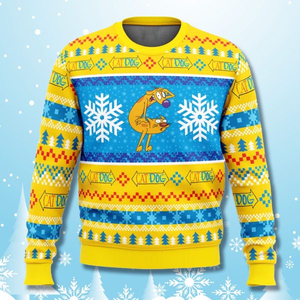 CatDog Yellow Ugly Christmas Sweater