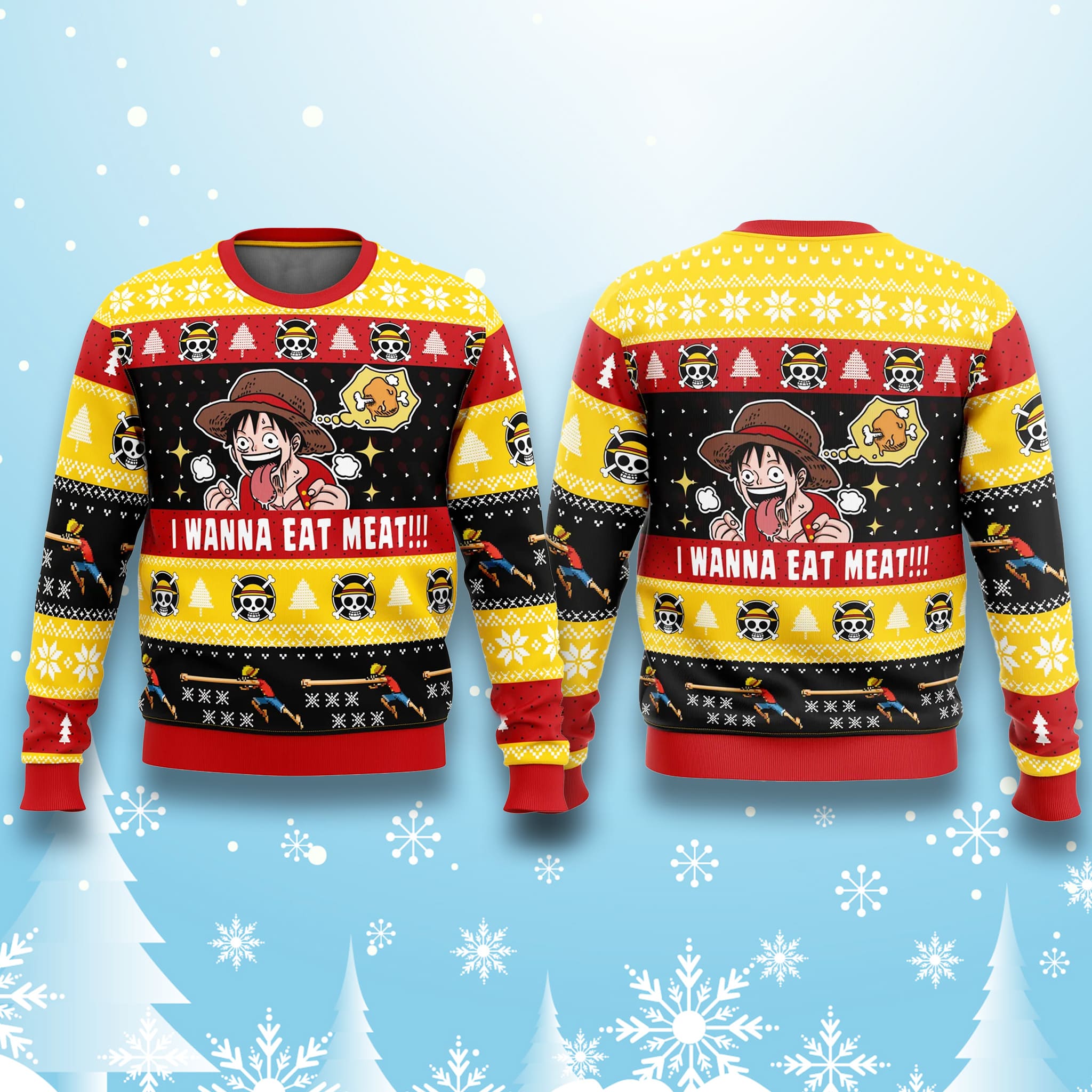 One Piece Luffy I Want To Eat Meat Ugly Christmas Sweater 2 One Piece Luffy I Want To Eat Meat Ugly Christmas Sweater 2