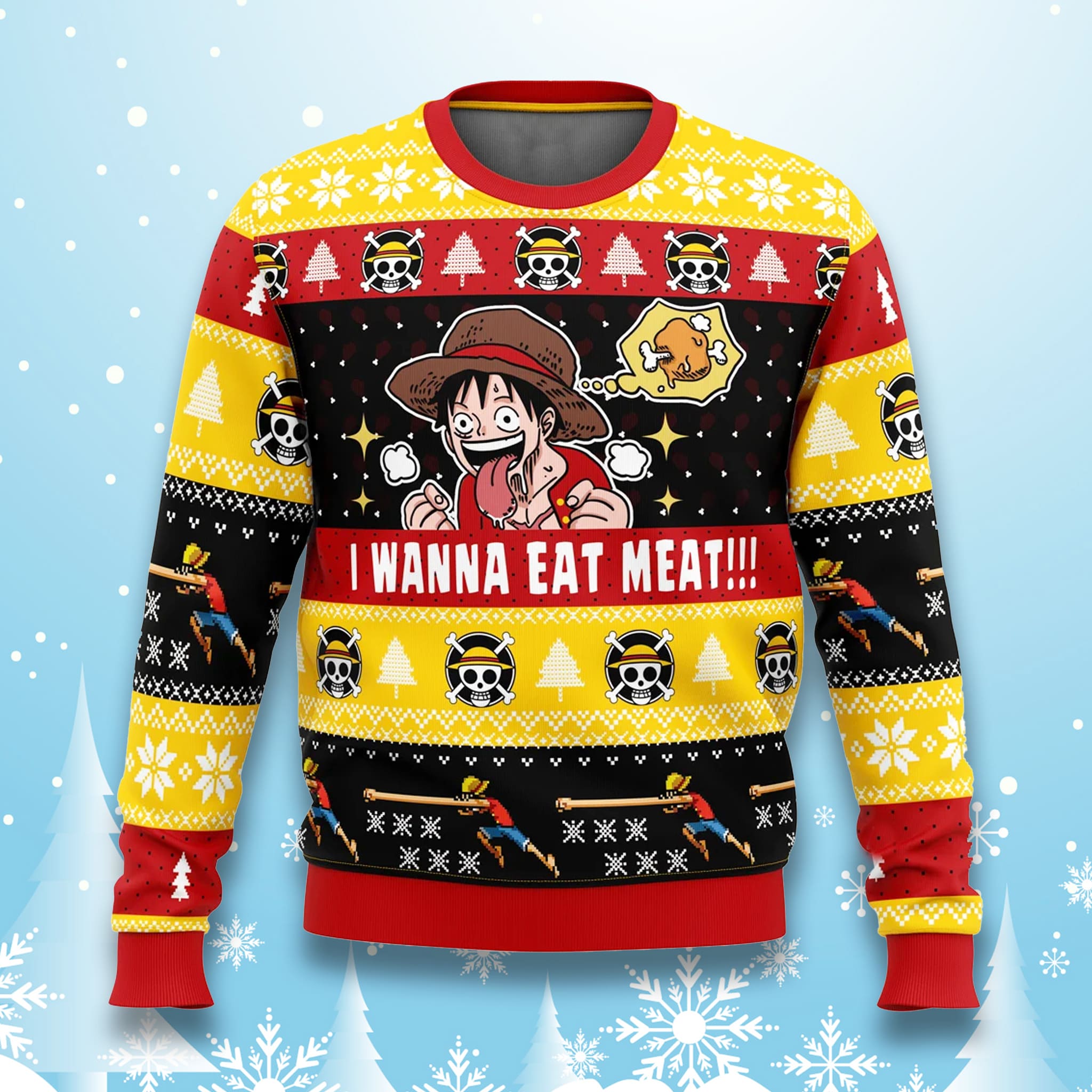 One Piece Luffy I Want To Eat Meat Ugly Christmas Sweater One Piece Luffy I Want To Eat Meat Ugly Christmas Sweater