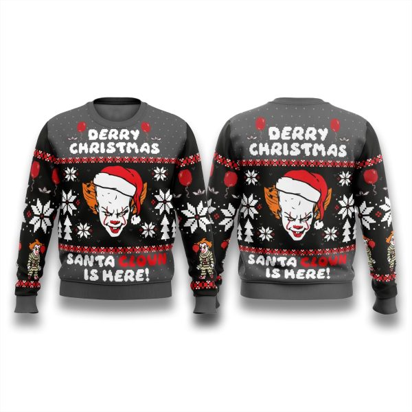 Pennywise IT Derry Christmas Santa Clown Is Here Ugly Sweater 1