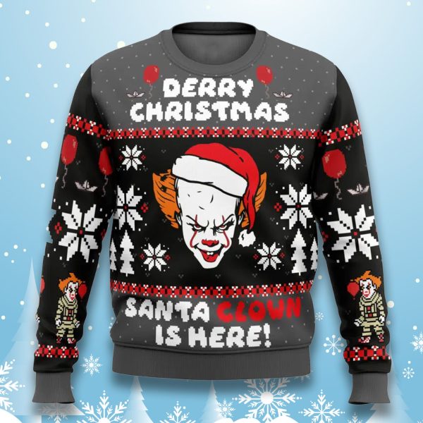Pennywise IT Derry Christmas Santa Clown Is Here Ugly Sweater