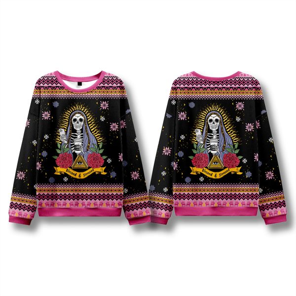 Skeleton Blessed And Stressed Ugly Christmas Sweater 2