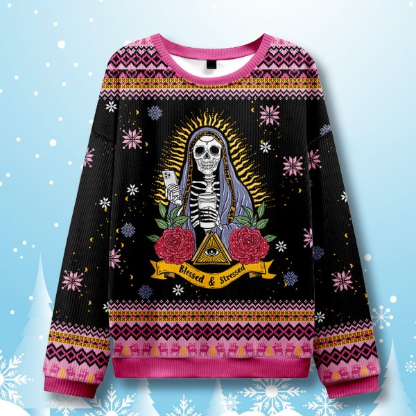 Skeleton Blessed And Stressed Ugly Christmas Sweater