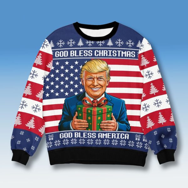 Trump God Bless America Ugly Christmas Sweater 1