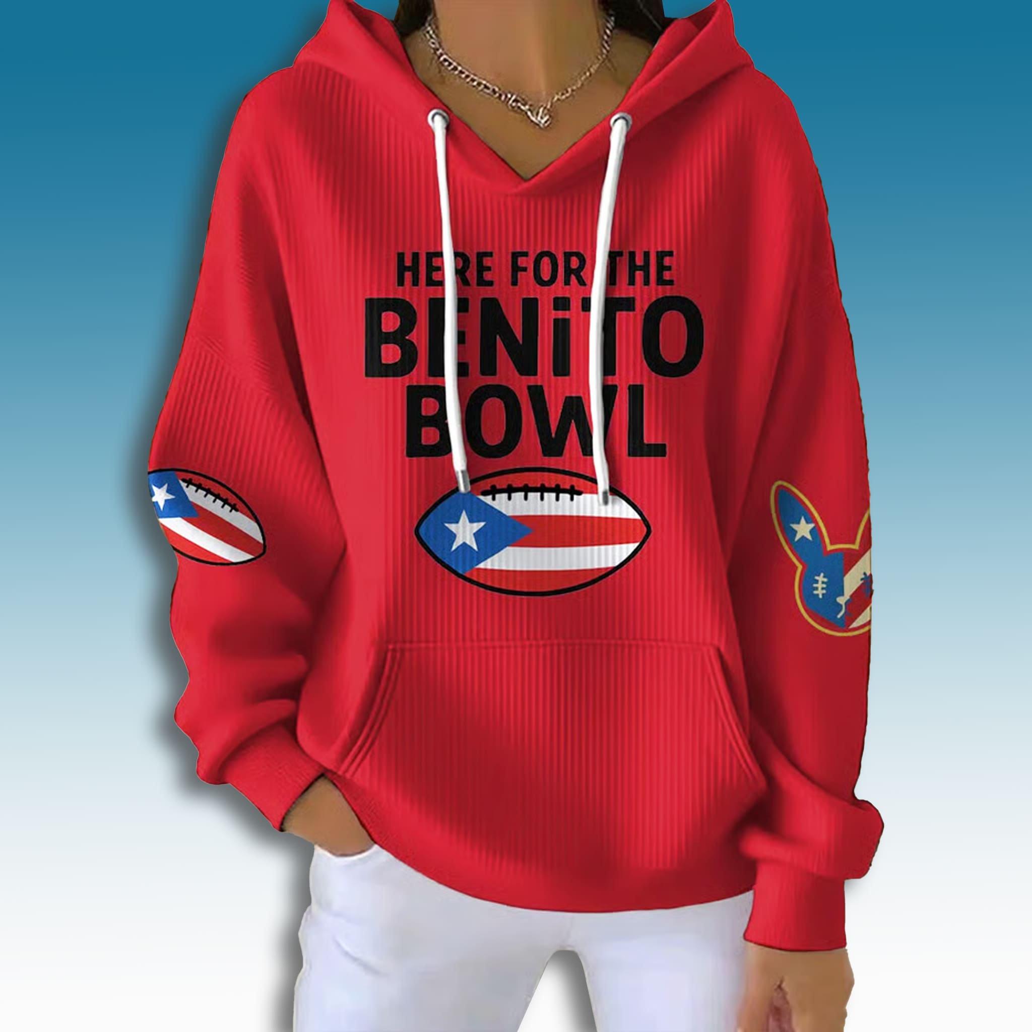 Bad Bunny Here For The Benito Bowl 2025 Waffle Hoodie 1 Bad Bunny Here For The Benito Bowl 2025 Waffle Hoodie 2