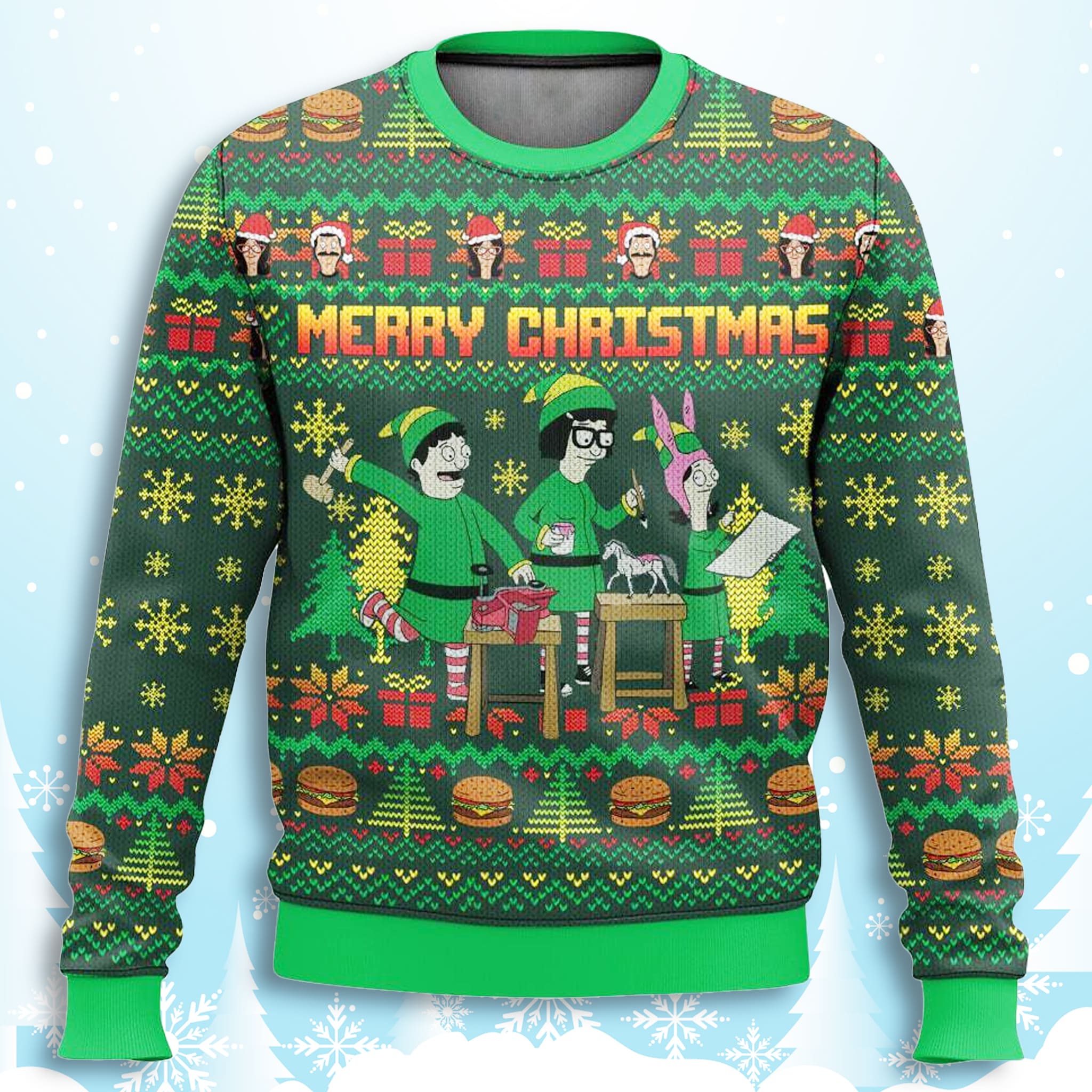 Bobs Burgers Merry Christmas Green Ugly Sweater 1 Bobs Burgers Merry Christmas Green Ugly Sweater 1