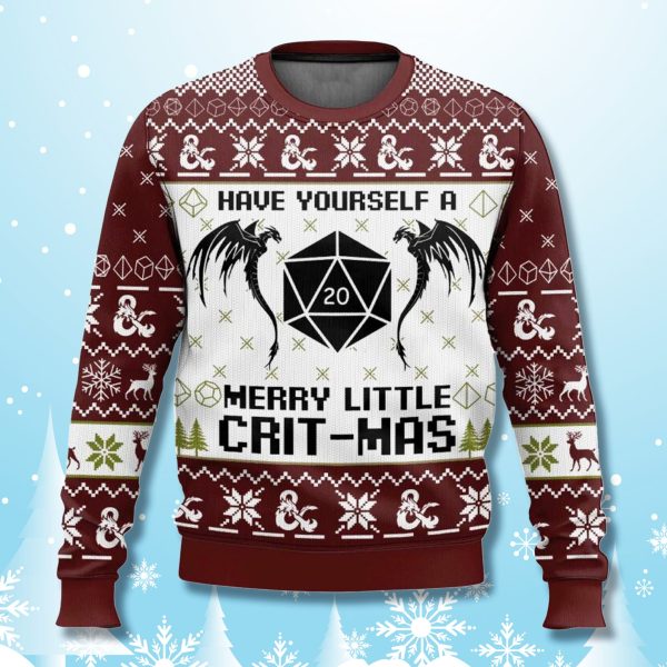 Dungeons and Dragons Roll a Natural 20 Merry Little Crit mas Ugly Sweater