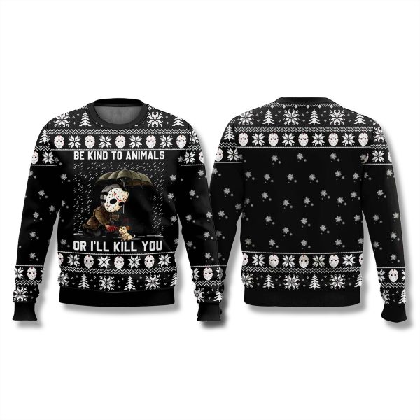 Jason Voorhees Be Kind To Animals Ugly Christmas Sweater 2