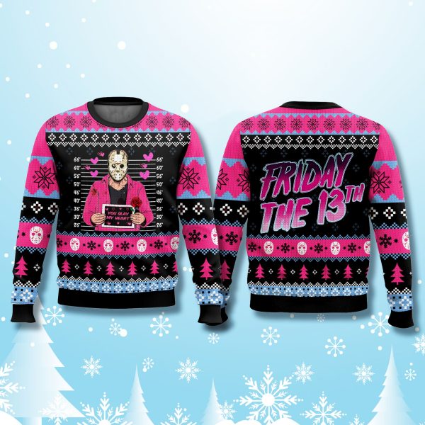 Jason Voorhees Mugshot Pink Ugly Christmas Sweater 2