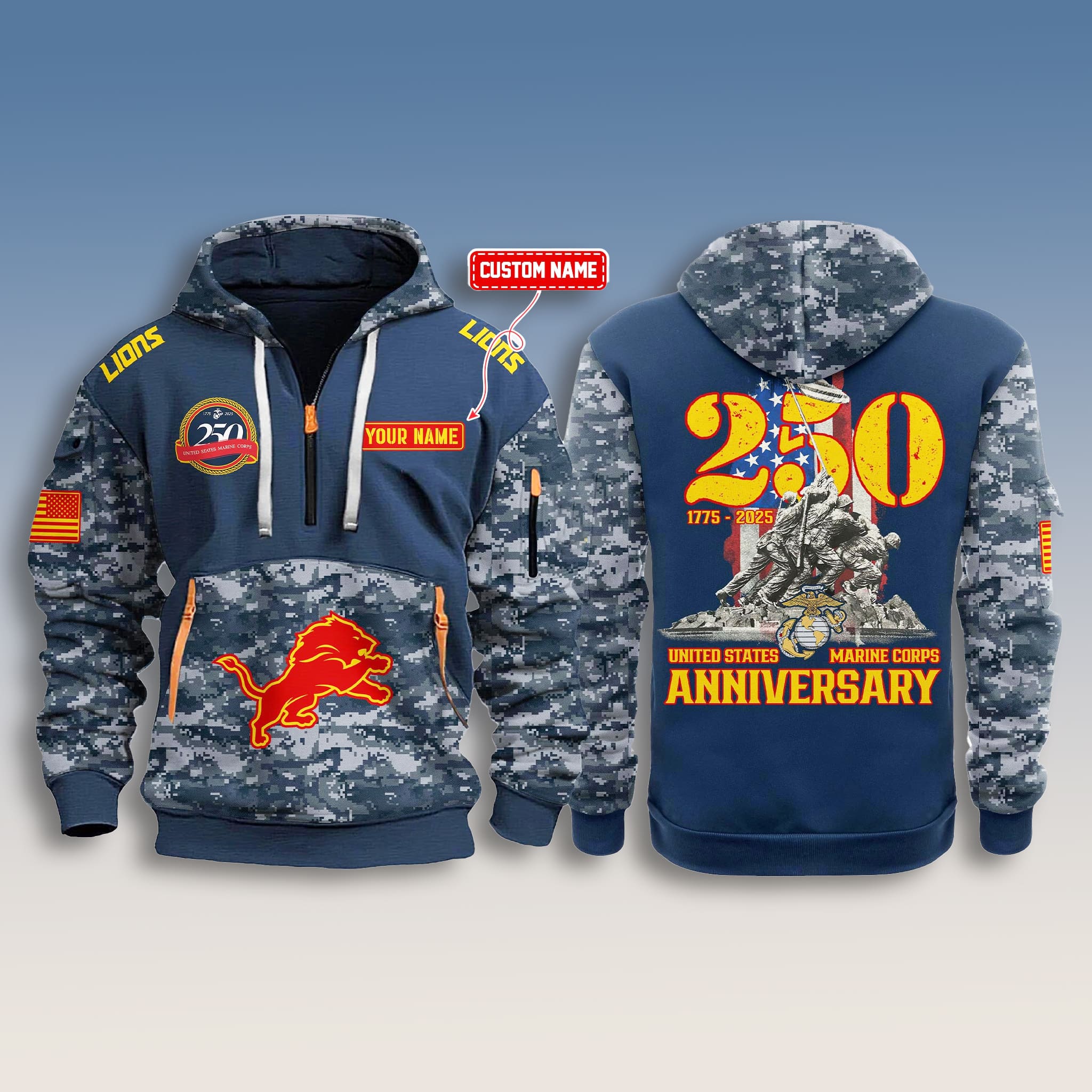 Lions US Marine Corps 250th Birthday Zip Hoodie Lions US Marine Corps 250th Birthday Zip Hoodie