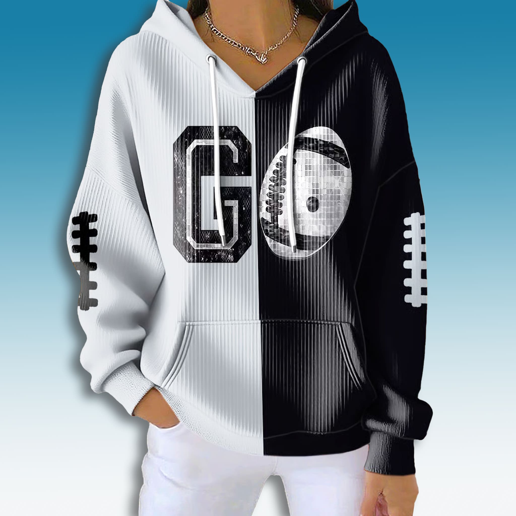 Raiders Go Football Silver and Black Waffle Hoodie Raiders Go Football Silver and Black Waffle Hoodie