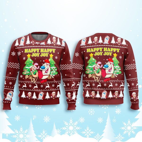 Ren And Stimpy Happy Happy Joy Joy Ugly Christmas Sweater 2