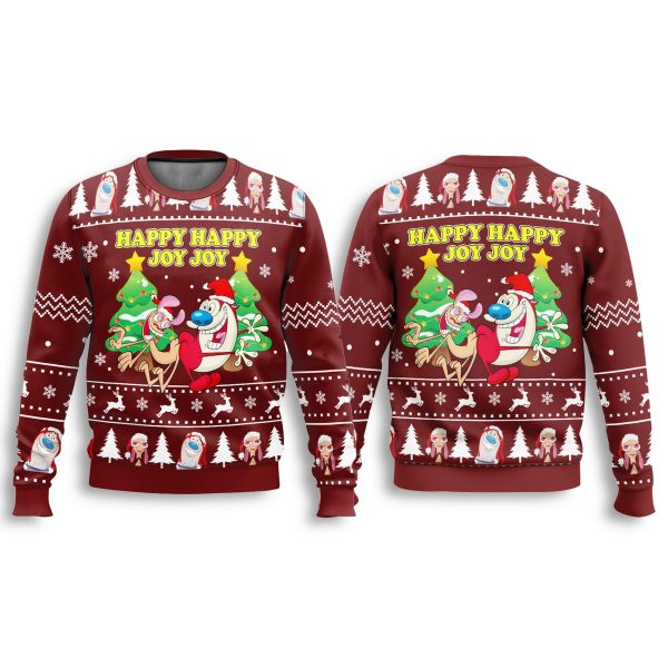 Ren And Stimpy Happy Happy Joy Joy Ugly Christmas Sweater 3