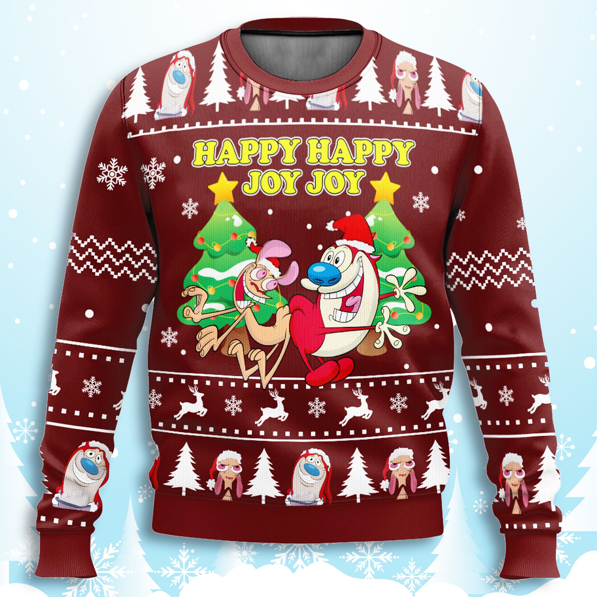 Ren And Stimpy Happy Happy Joy Joy Ugly Christmas Sweater Ren And Stimpy Happy Happy Joy Joy Ugly Christmas Sweater