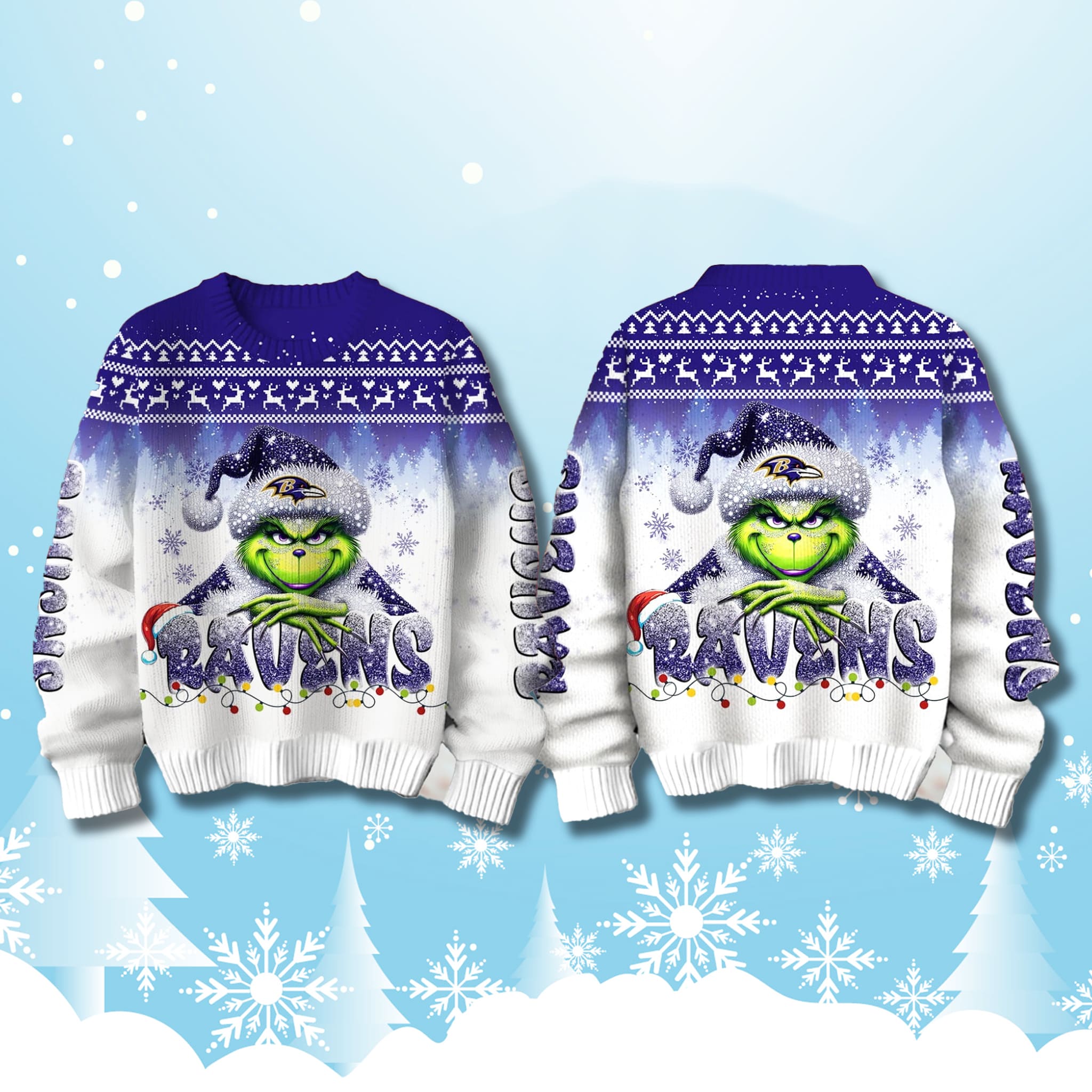 Baltimore Ravens Snow Grinch Ugly Christmas Sweater 2025 2 Baltimore Ravens Snow Grinch Ugly Christmas Sweater 2025 2