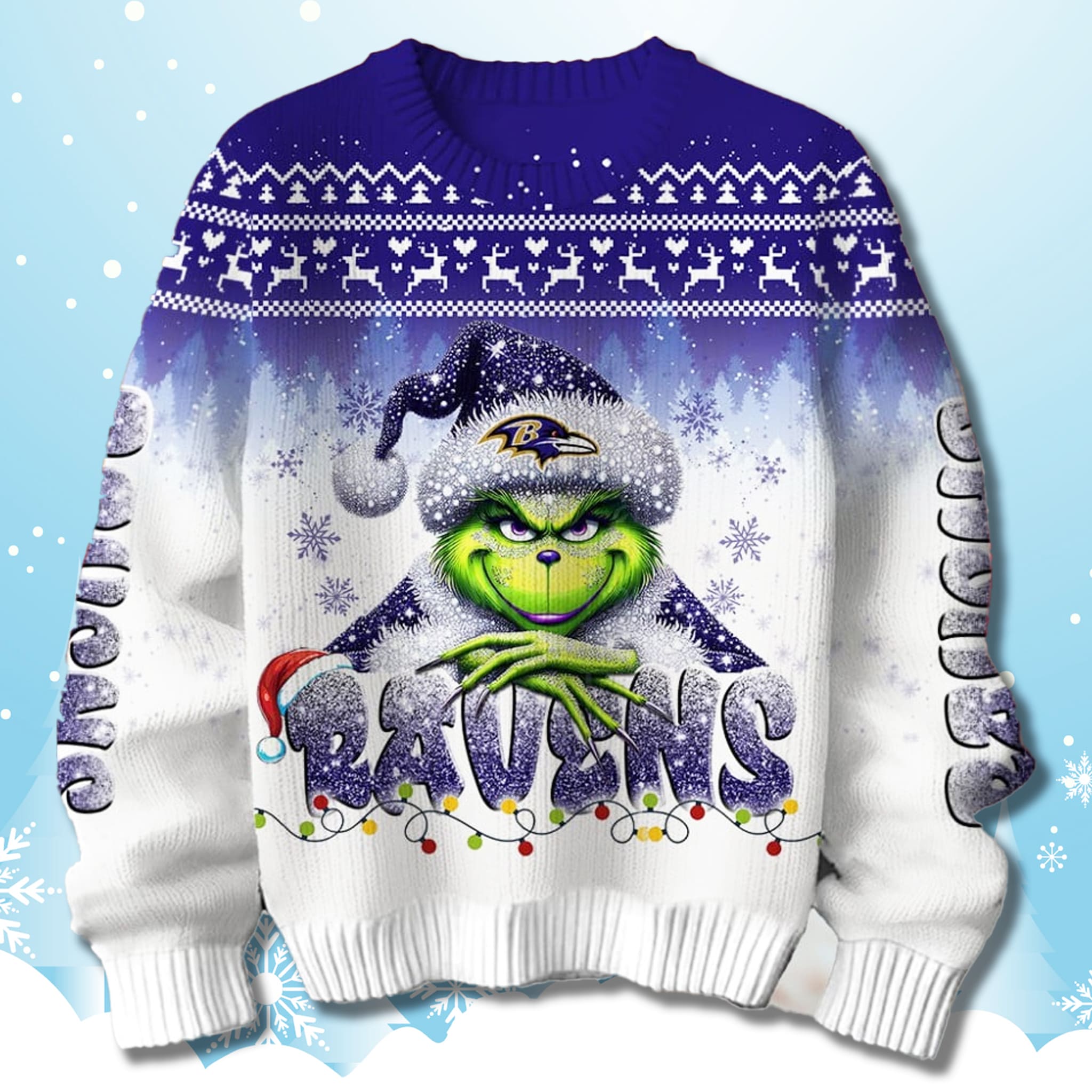 Ravens Snow Grnch Ugly Christmas Sweater 2025 3 Baltimore Ravens Snow Grinch Ugly Christmas Sweater 2025