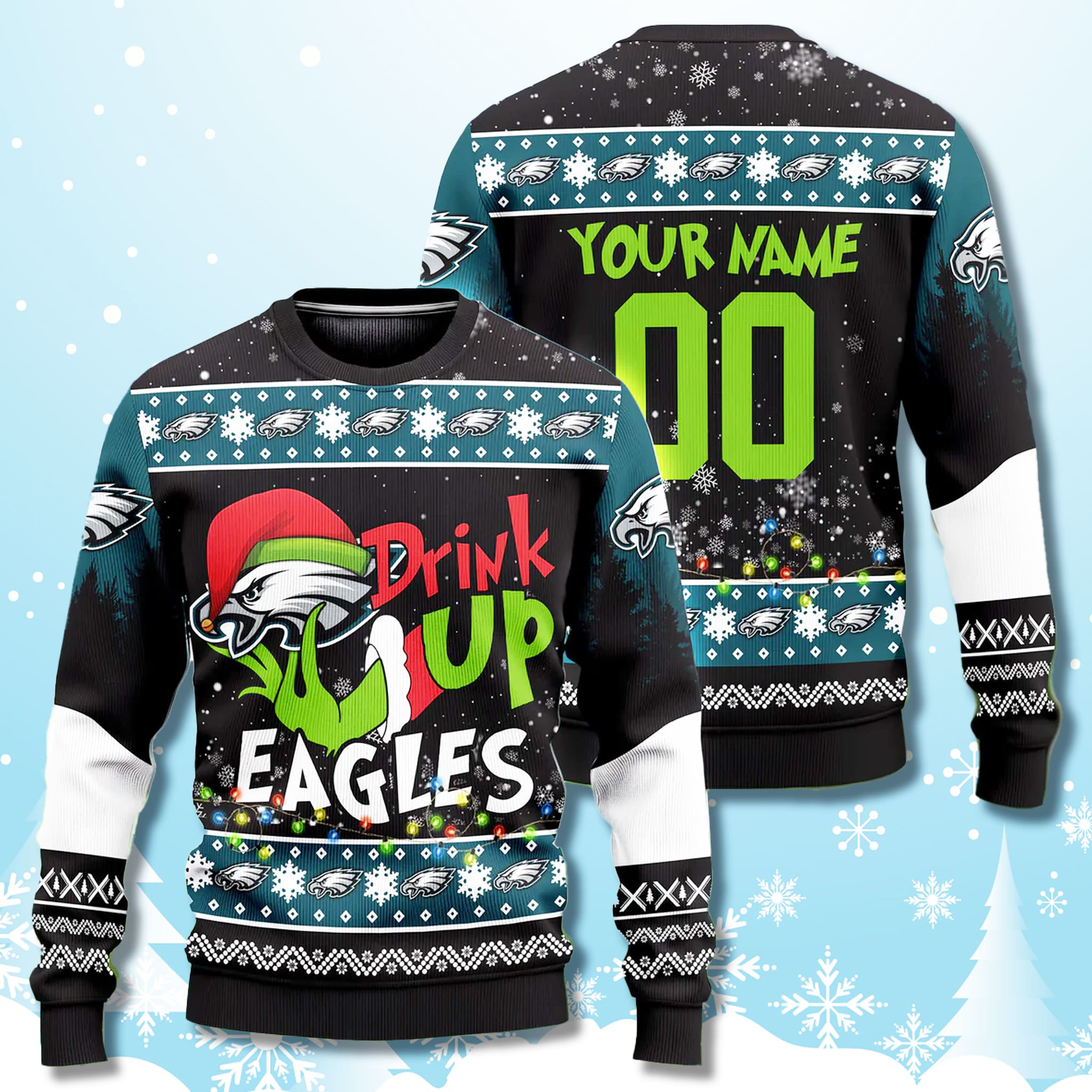 Drink Up Eagles Grnch Ugly Christmas Sweater 2025 1 Drink Up Ealges Grinch Ugly Christmas Sweater 2025 1