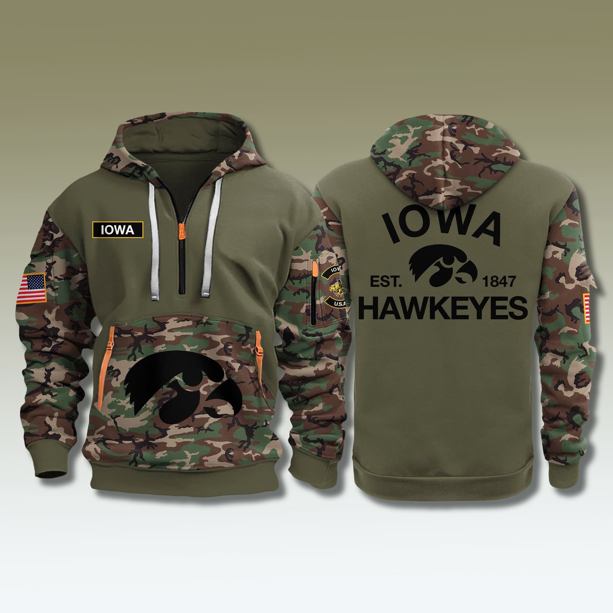 Iowa Hawkeyes Military Camo Quarter Zip Hoodie 2025 1 Iowa Hawkeyes Military Camo Quarter Zip Hoodie 2025 1
