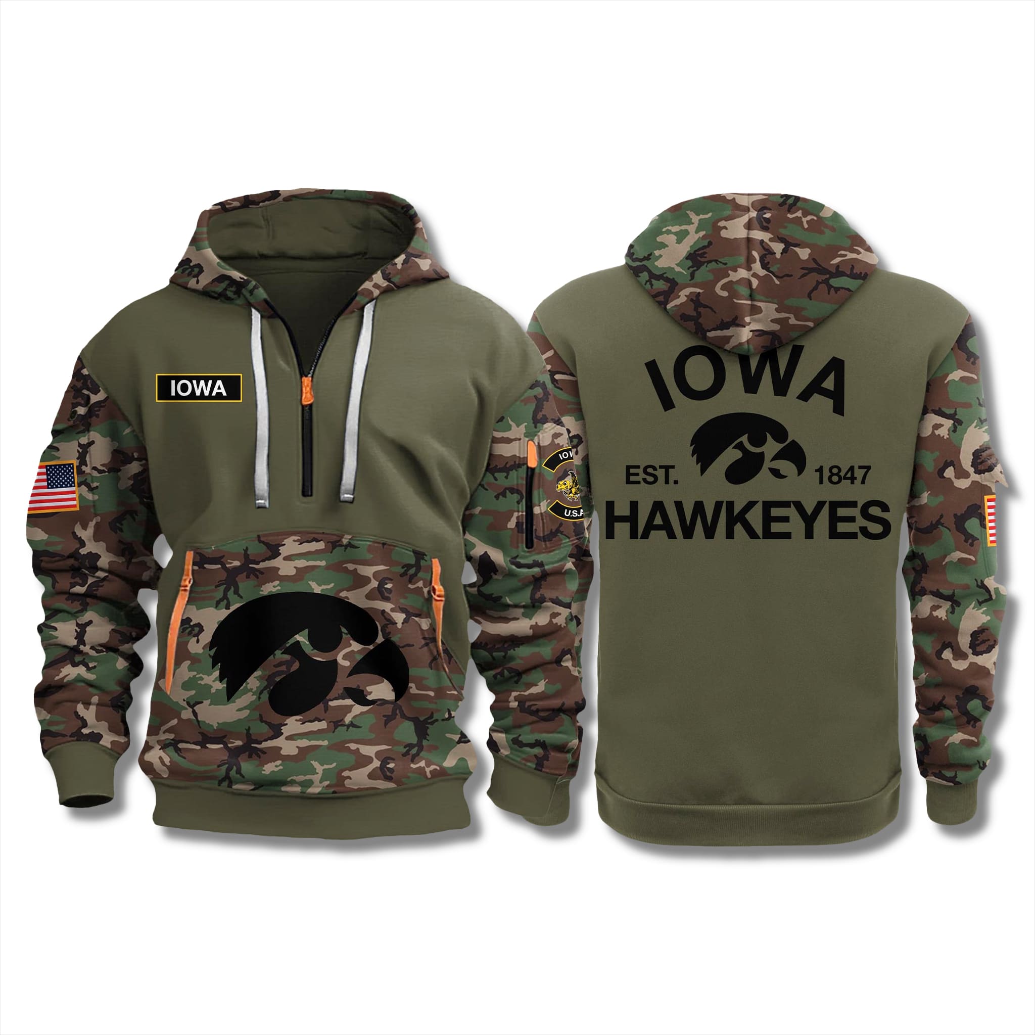 Iowa Hawkeyes Military Camo Quarter Zip Hoodie 2025 2 Iowa Hawkeyes Military Camo Quarter Zip Hoodie 2025 2