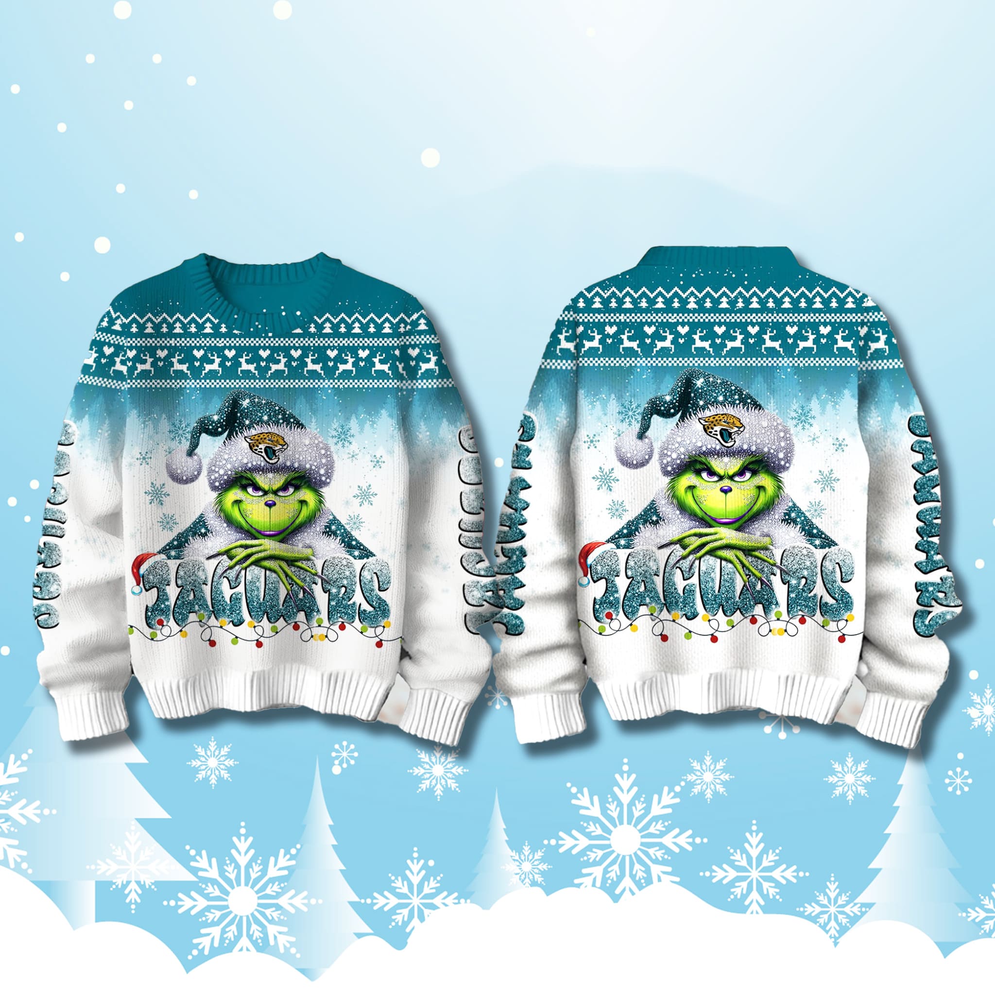 Jaguars Snow Grnch Ugly Christmas Sweater 2025 1 Jacksonville Jaguars Snow Grinch Ugly Christmas Sweater 2025 2