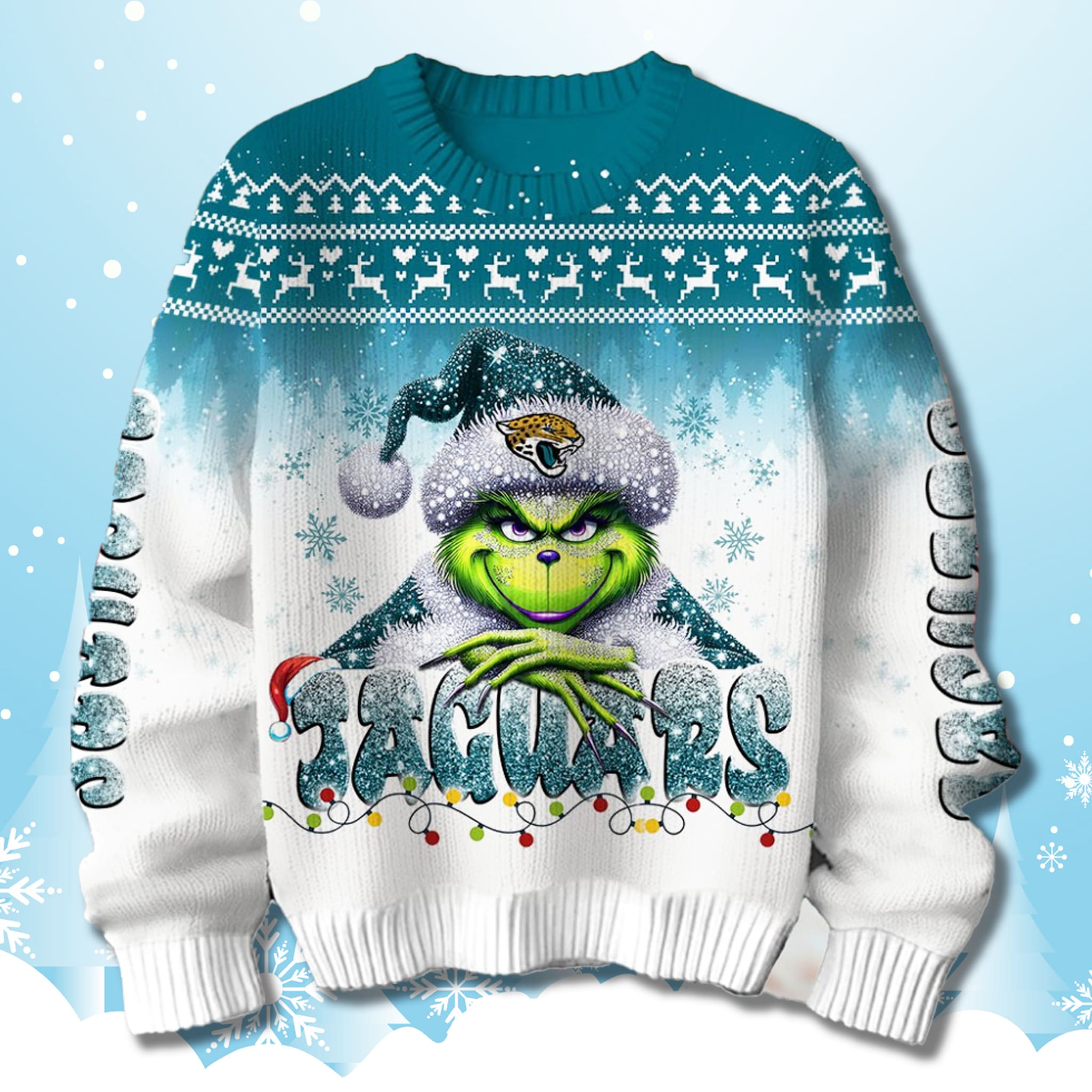 Jaguars Snow Grnch Ugly Christmas Sweater 2025 3 Jacksonville Jaguars Snow Grinch Ugly Christmas Sweater 2025