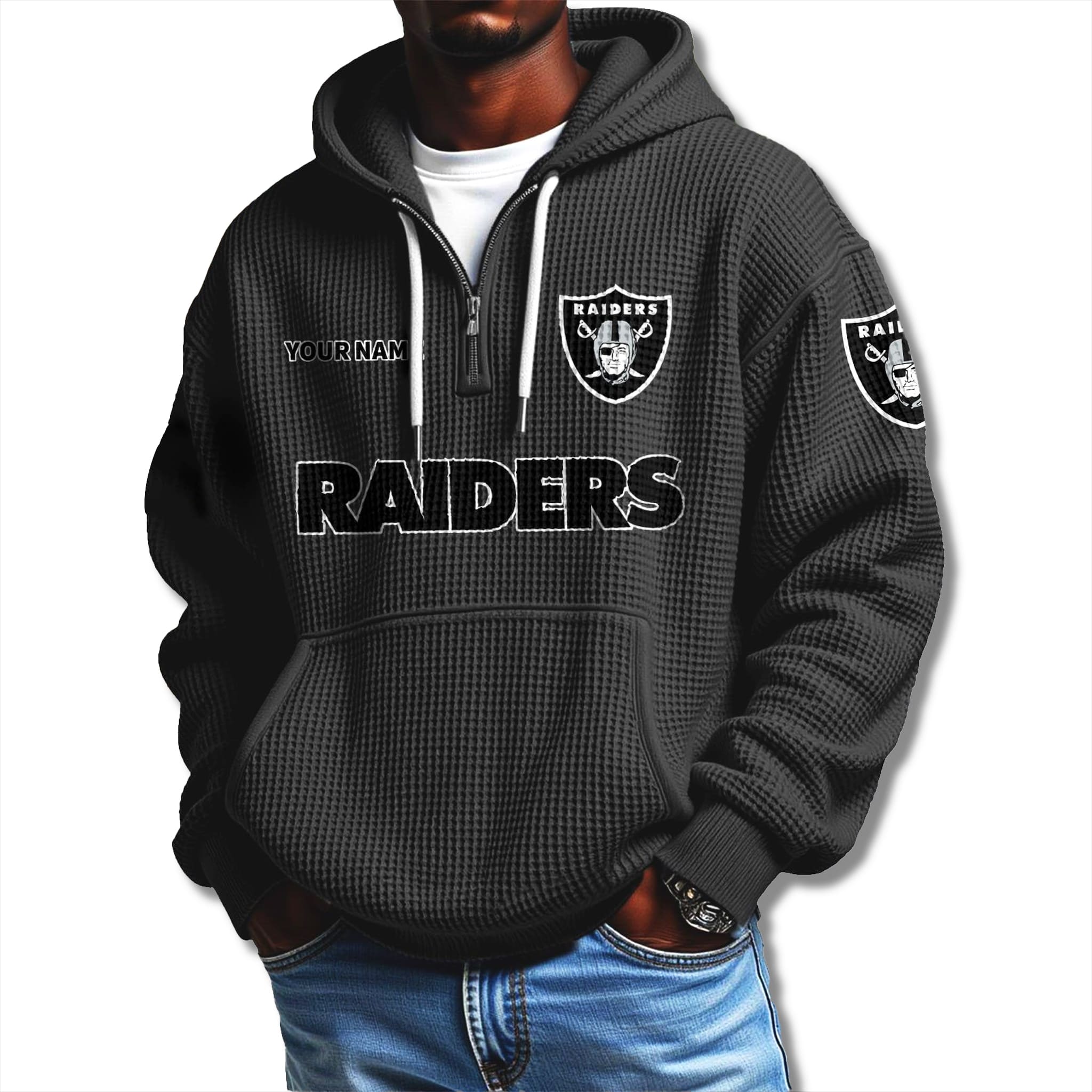 Raiders 2025 Waffle Quarter Zip Hoodie 2 Las Vegas Raiders 2025 Quarter Zip Waffle Hoodie 2