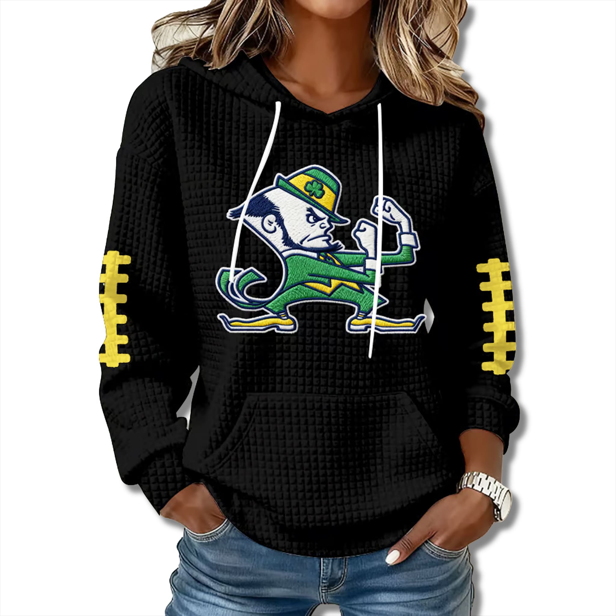 Notre Dame Fighting Irish 2025 Leprechaun Printed Waffle Hoodie 1 Notre Dame Fighting Irish 2025 Leprechaun Printed Waffle Hoodie 1