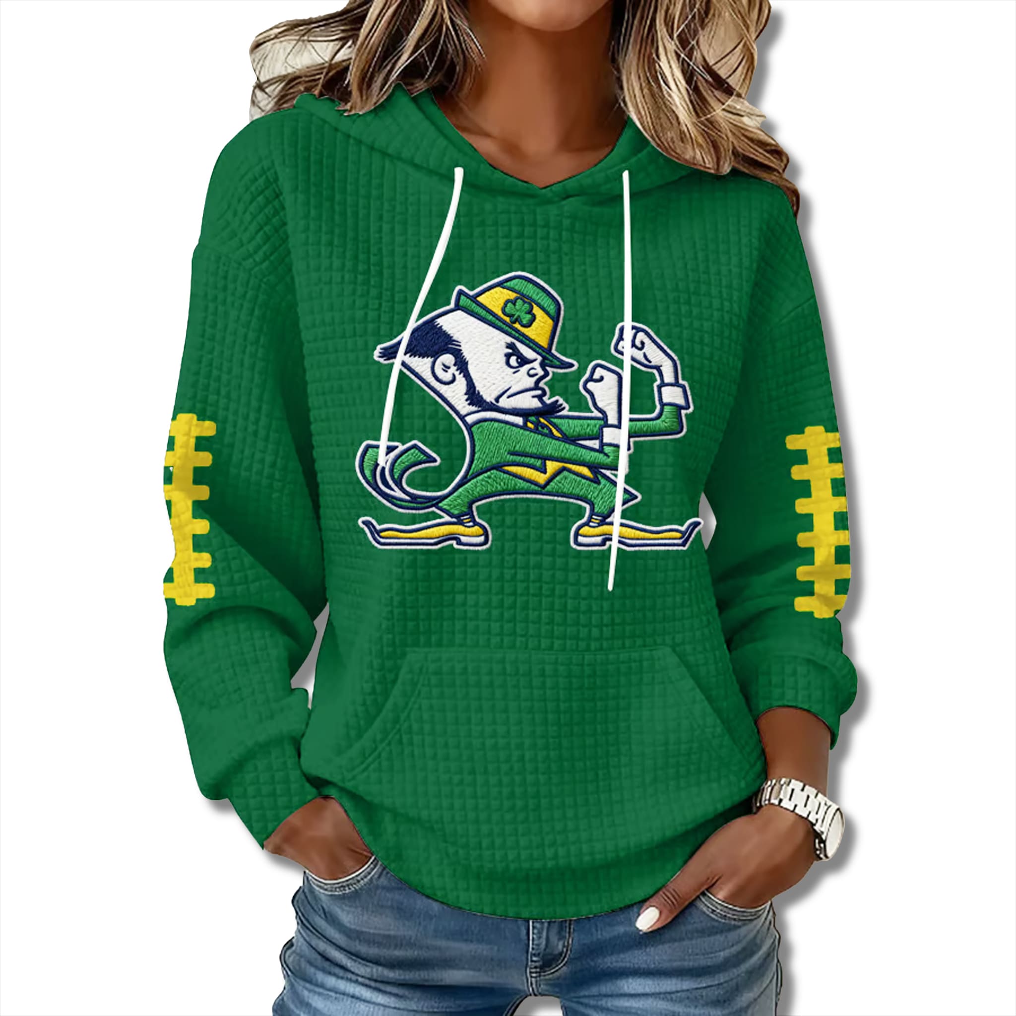 Notre Dame Fighting Irish 2025 Leprechaun Printed Waffle Hoodie 2 Notre Dame Fighting Irish 2025 Leprechaun Printed Waffle Hoodie 2