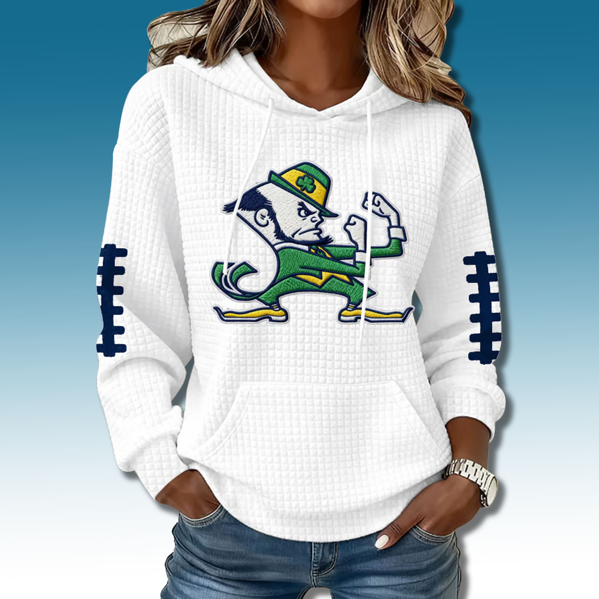 Notre Dame Fighting Irish 2025 Leprechaun Printed Waffle Hoodie 3 Notre Dame Fighting Irish 2025 Leprechaun Printed Waffle Hoodie 3