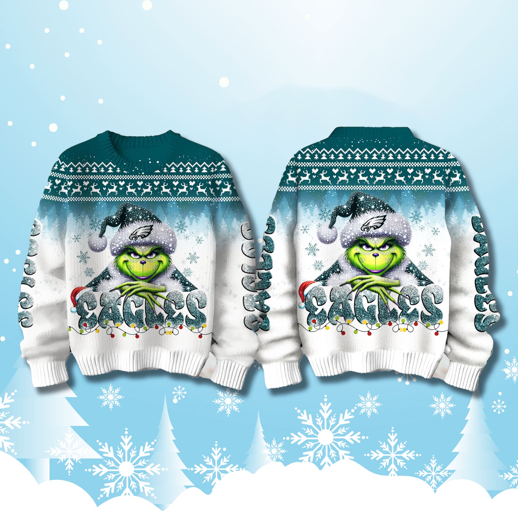 Philadelphia Eagles Snow Grinch 2025 Ugly Christmas Sweater 2 Philadelphia Eagles Snow Grinch 2025 Ugly Christmas Sweater 2