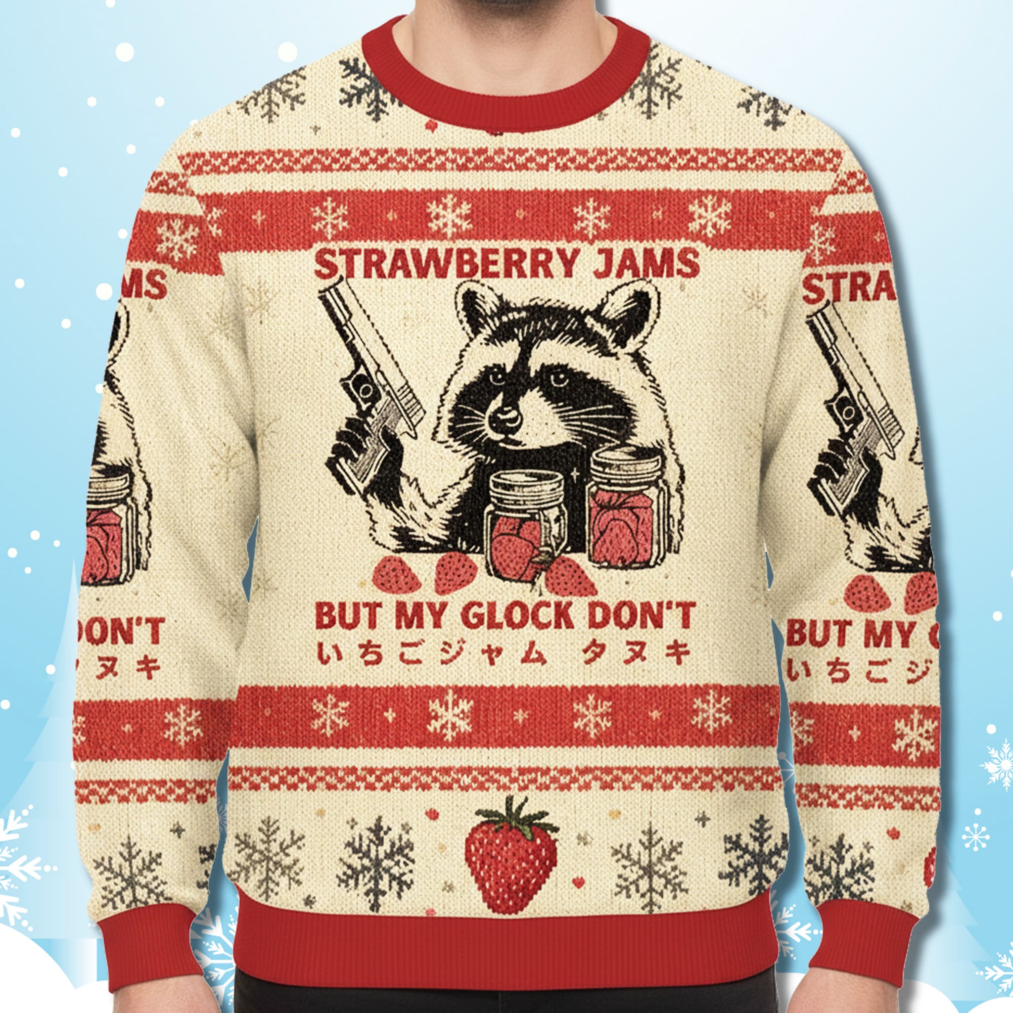 Raccoon Strawberry Jams But My Glock Don't Ugly Christmas Sweater 1 Raccoon Strawberry Jams But My Glock Dont Ugly Christmas Sweater 1