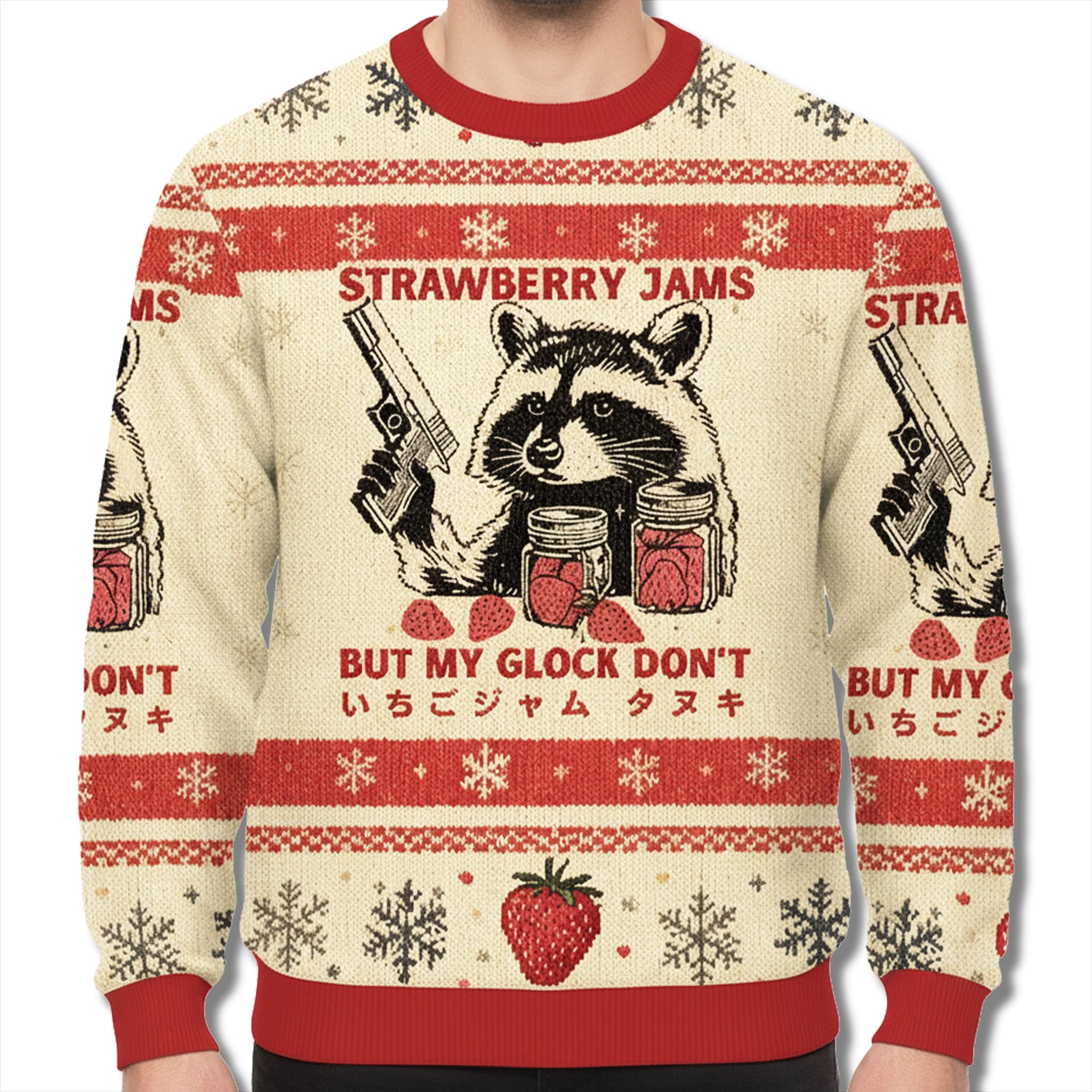 Raccoon Strawberry Jams But My Glock Dont Ugly Christmas Sweater Raccoon Strawberry Jams But My Glock Dont Ugly Christmas Sweater