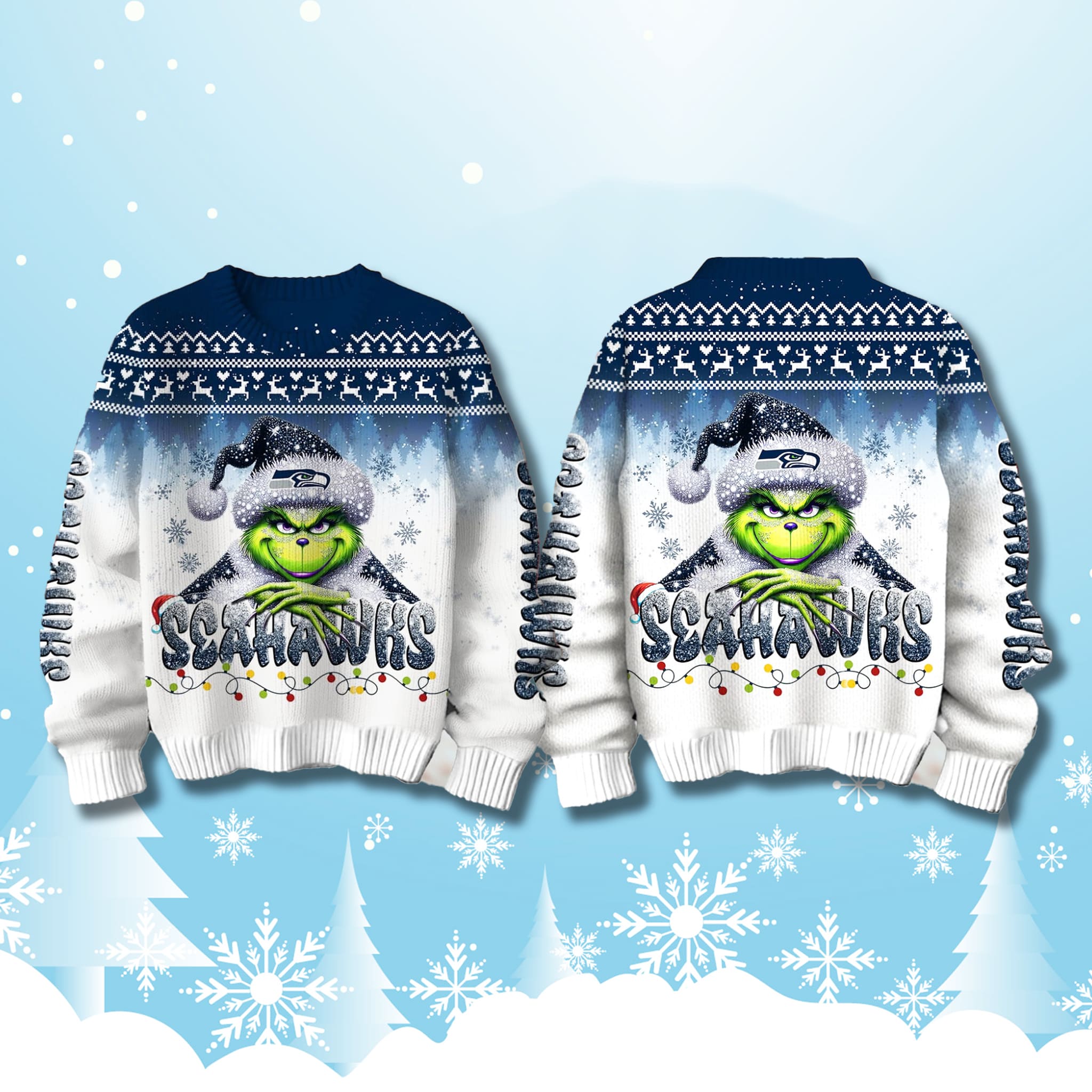 Seattle Seahawks Snow Grinch Ugly Christmas Sweater 2025 2 Seattle Seahawks Snow Grinch Ugly Christmas Sweater 2025 2
