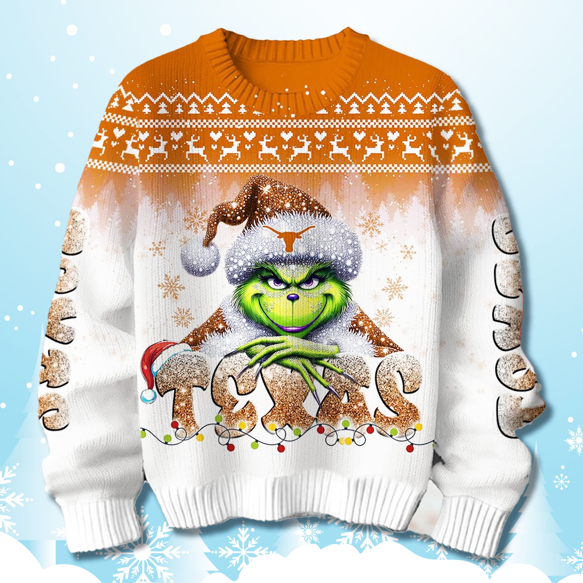 Texas Longhorns Snow Grnch 2025 Ugly Sweater 3 Texas Longhorns Snow Grinch 2025 Ugly Sweater