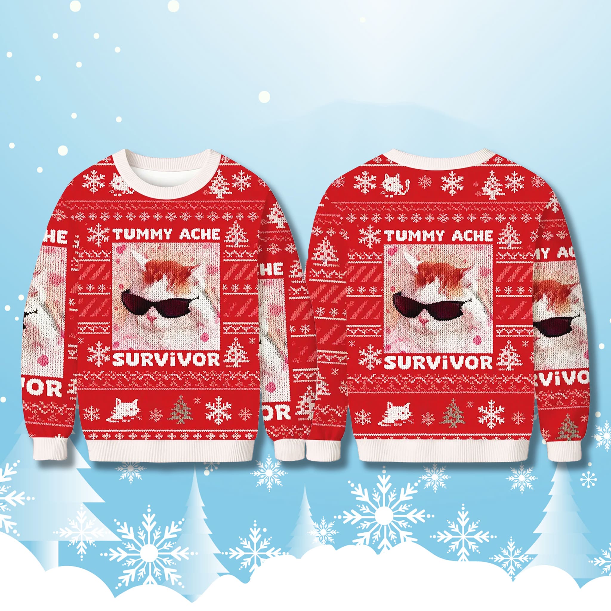 Tummy Ache Survivor Cat Meme Christmas Ugly Sweater 1 Tummy Ache Survivor Cat Meme Christmas Ugly Sweater 2