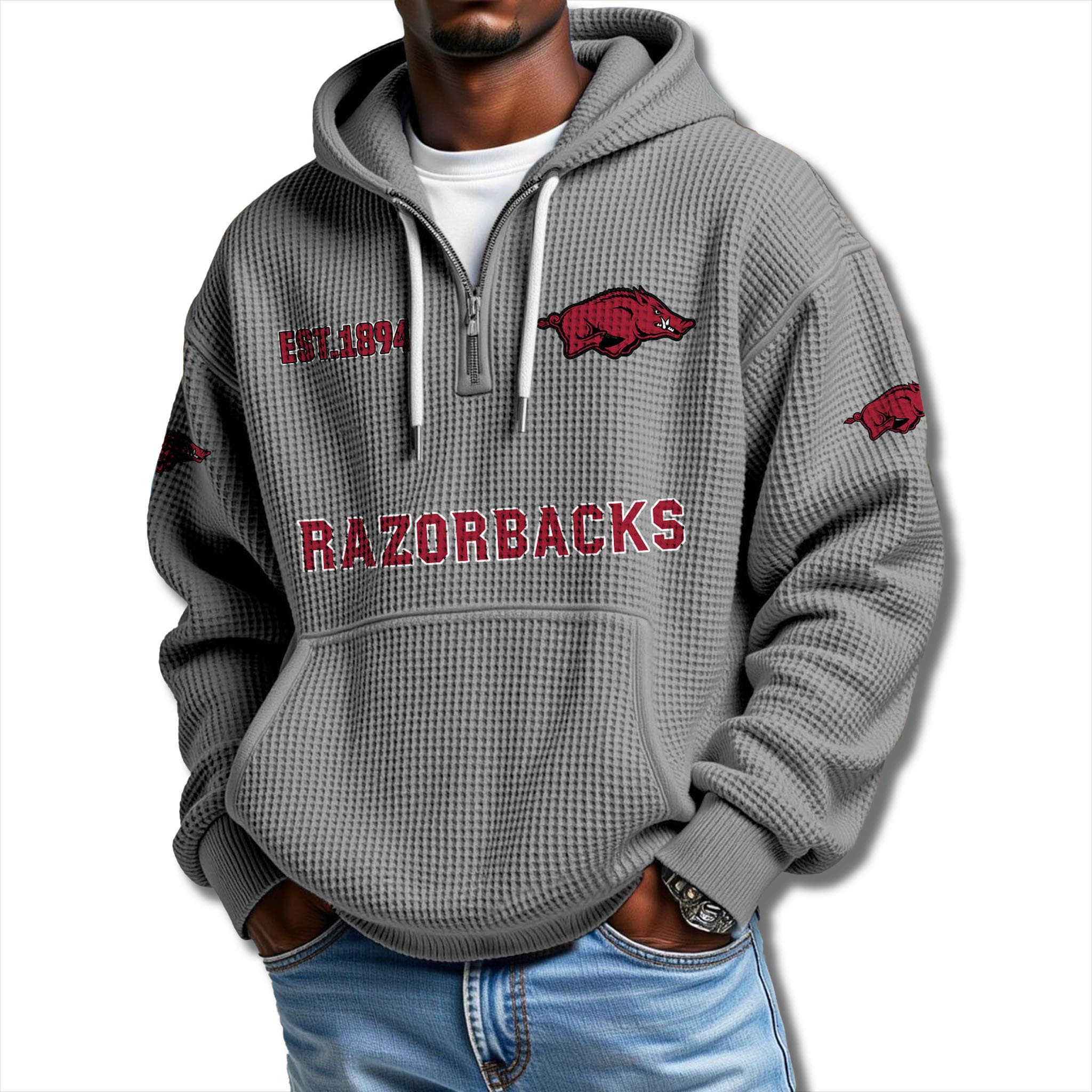 Arkansas Razorbacks EST 1894 Waffle Quarter Zip Hoodie 1 Arkansas Razorbacks EST 1894 Waffle Quarter Zip Hoodie 1