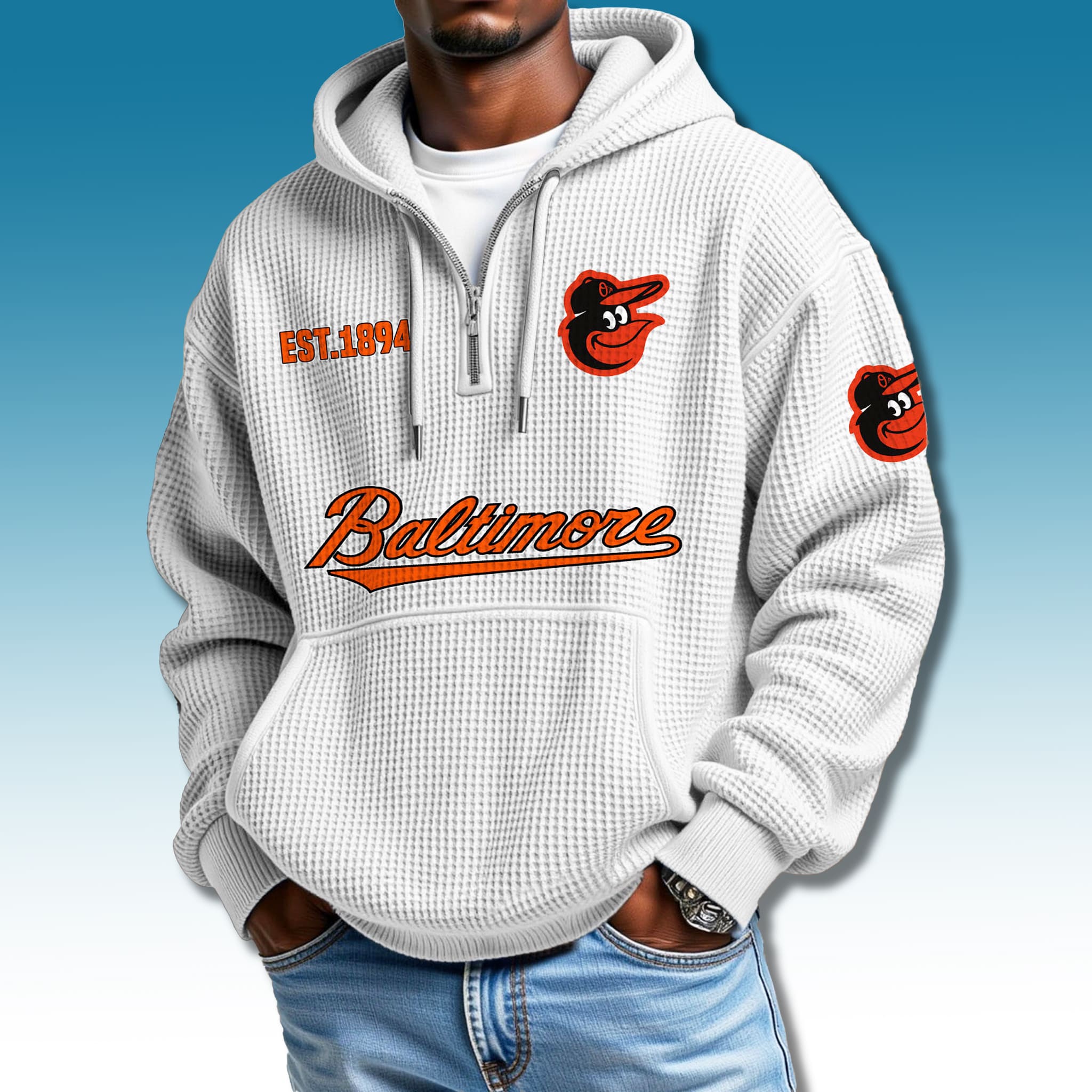 Baltimore Orioles EST 1894 Waffle Quarter Zip Hoodie 3 Baltimore Orioles EST 1894 Waffle Quarter Zip Hoodie 3