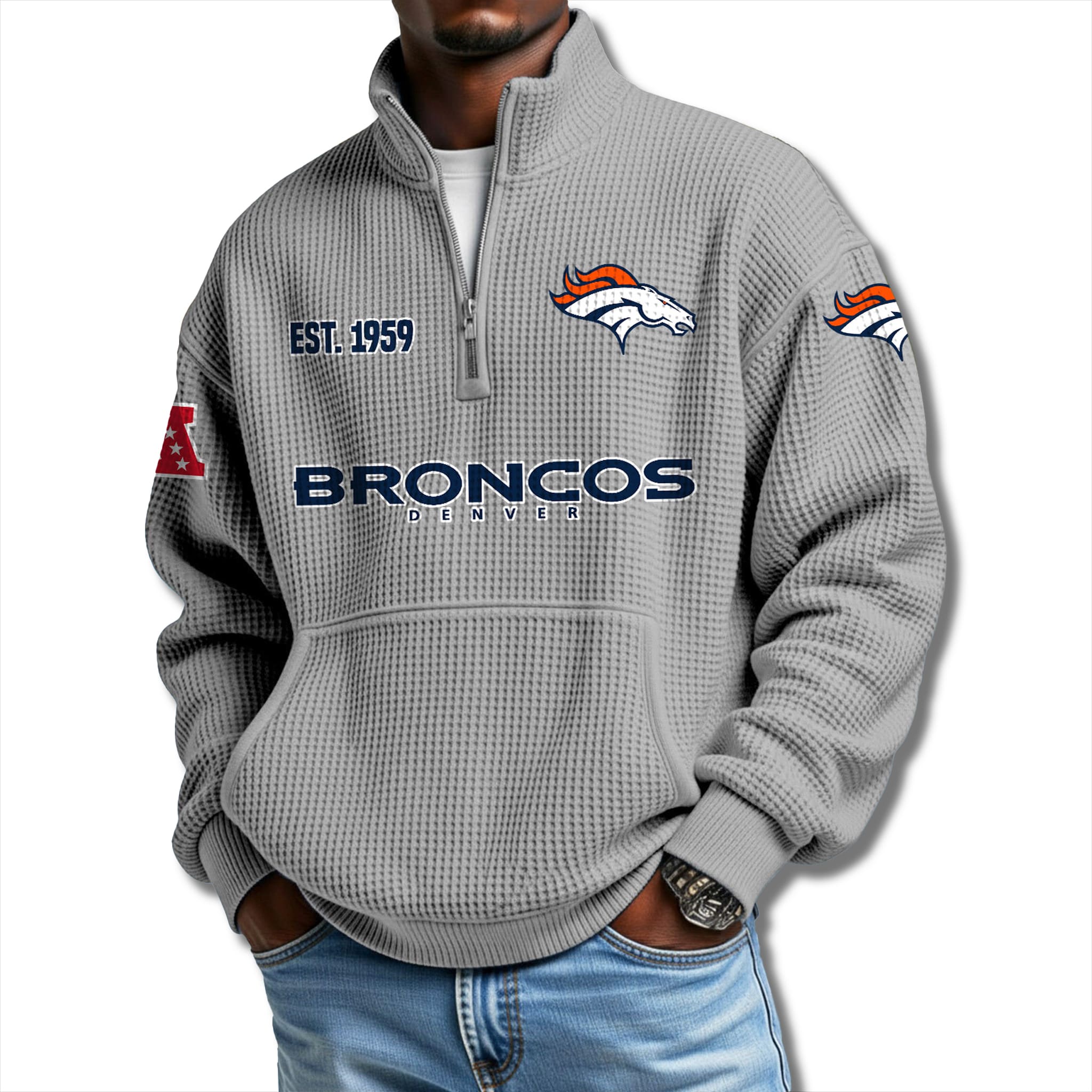 Denver Broncos EST 1959 Waffle Quarter Zip Sweater 1 Denver Broncos EST 1959 Waffle Quarter Zip Sweater 1