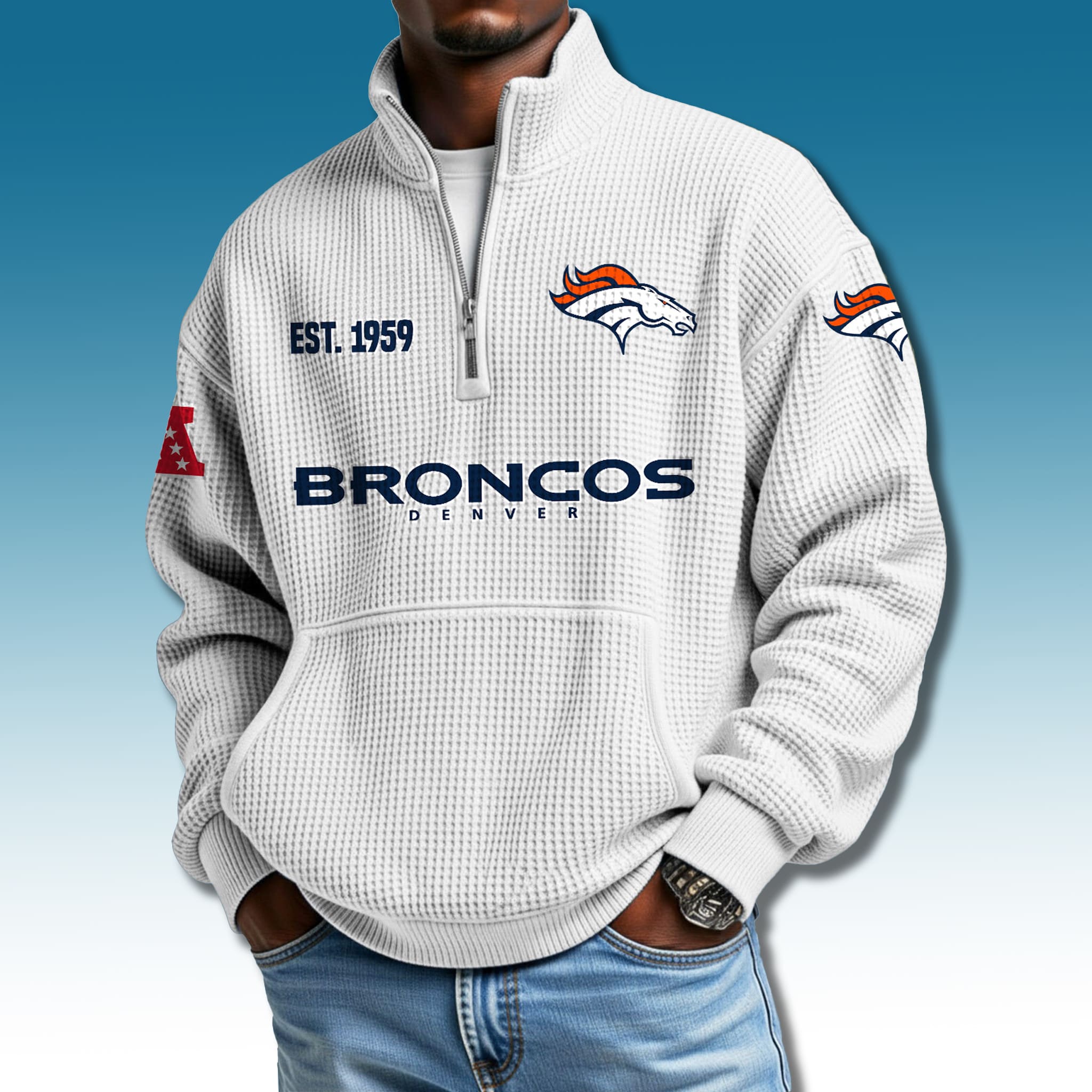 Broncos EST 1959 Waffle Quarter Zip Sweater 4 Denver Broncos EST 1959 Waffle Quarter Zip Sweater