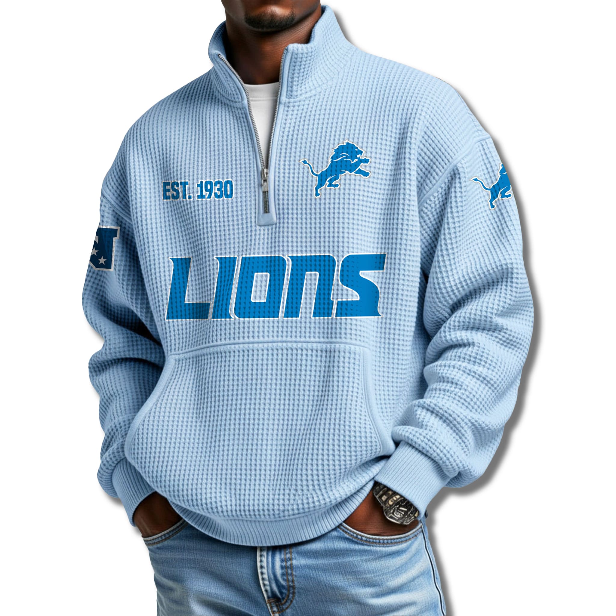 Detroit Lions EST 1930 Waffle Quarter Zip Sweater 1 Detroit Lions EST 1930 Waffle Quarter Zip Sweater 1