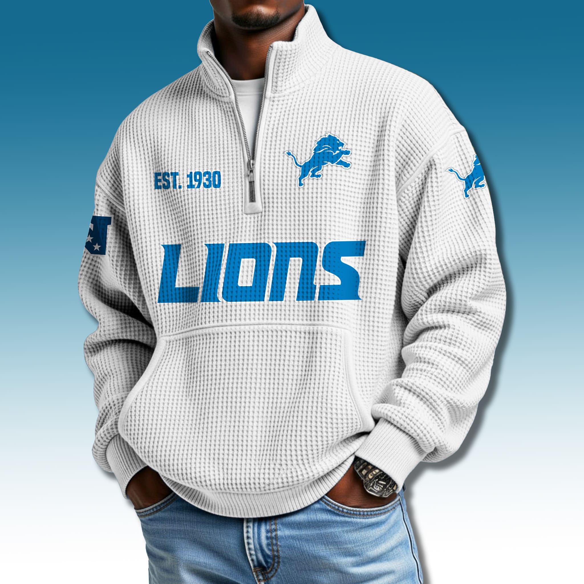 Lions EST 1930 Waffle Quarter Zip Sweater 2 Detroit Lions EST 1930 Waffle Quarter Zip Sweater 2