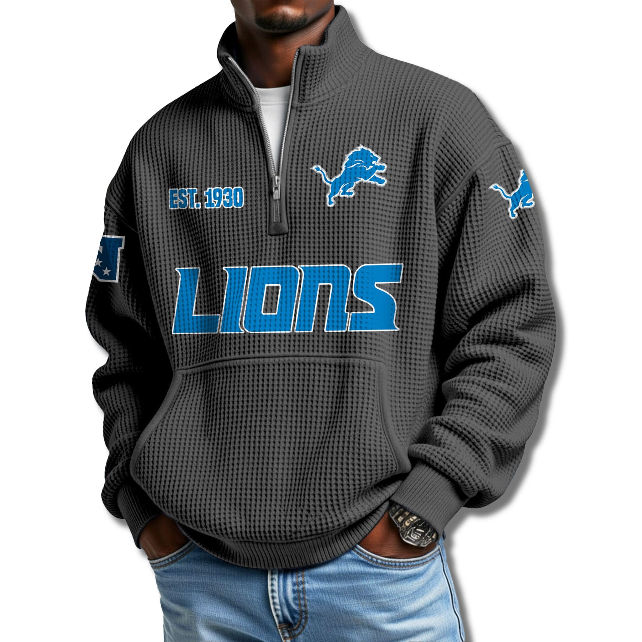 Lions EST 1930 Waffle Quarter Zip Sweater 3 Detroit Lions EST 1930 Waffle Quarter Zip Sweater 3
