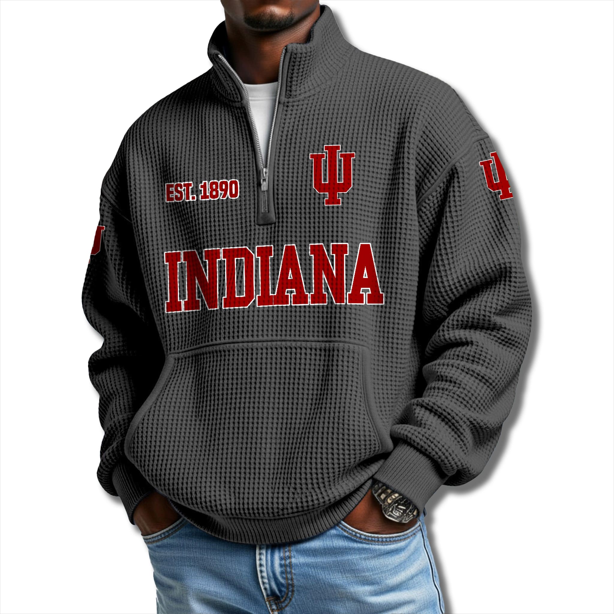 Indiana Hoosiers EST 1890 Waffle Quarter Zip Sweater 2 Indiana Hoosiers EST 1890 Waffle Quarter Zip Sweater 2