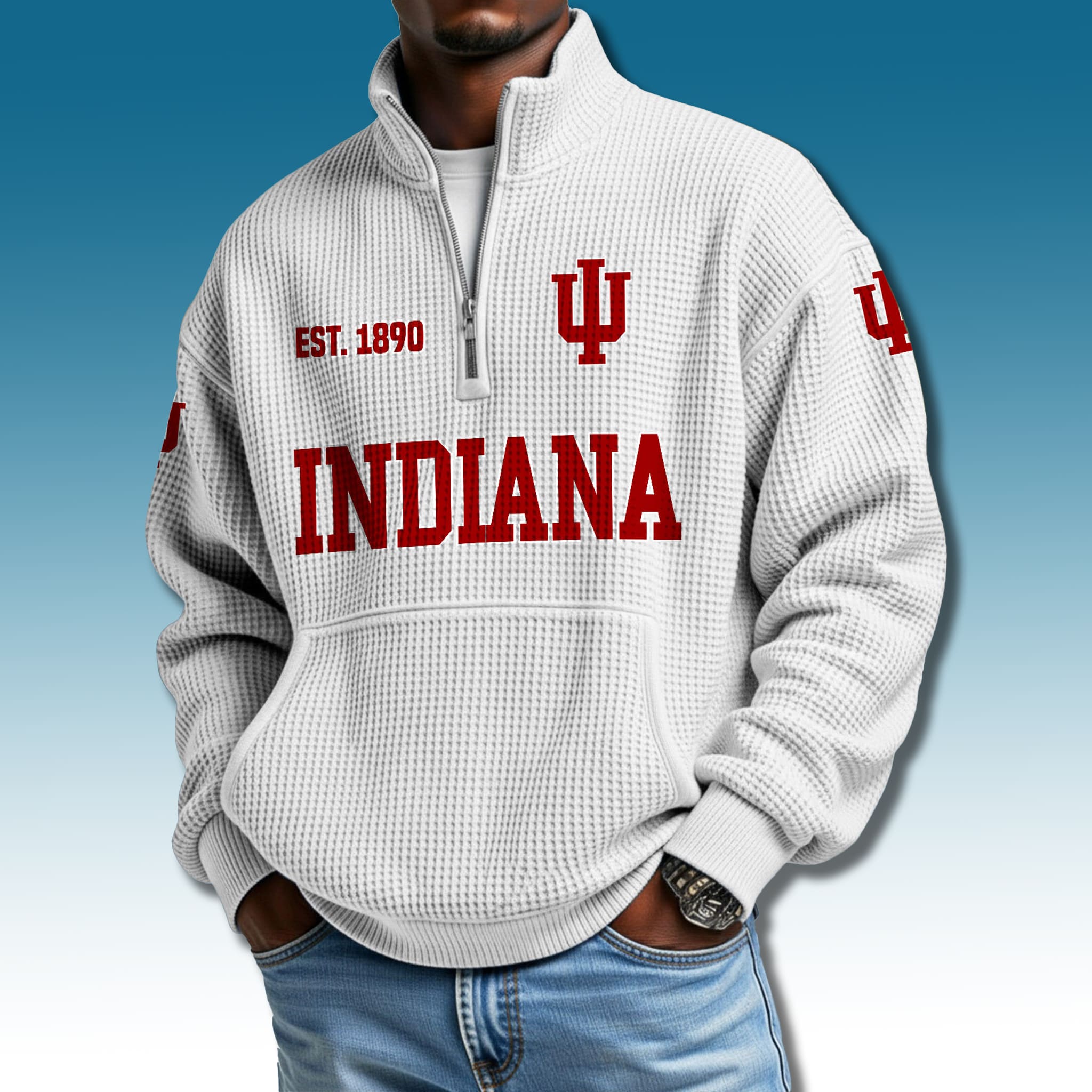 Indiana Hoosiers EST 1890 Waffle Quarter Zip Sweater 3 Indiana Hoosiers EST 1890 Waffle Quarter Zip Sweater