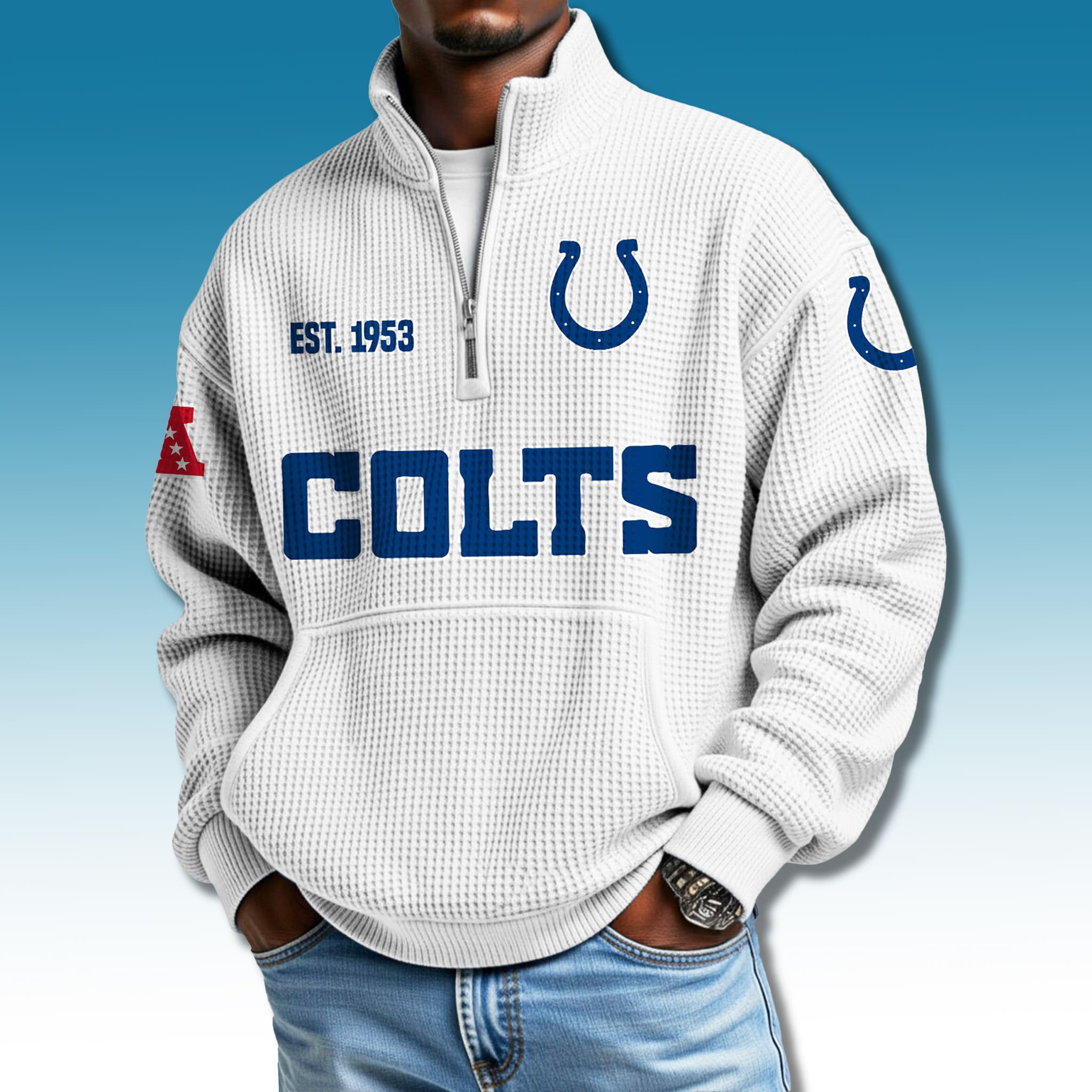 Indianapolis Colts EST 1953 Waffle Quarter Zip Sweater Indianapolis Colts EST 1953 Waffle Quarter Zip Sweater