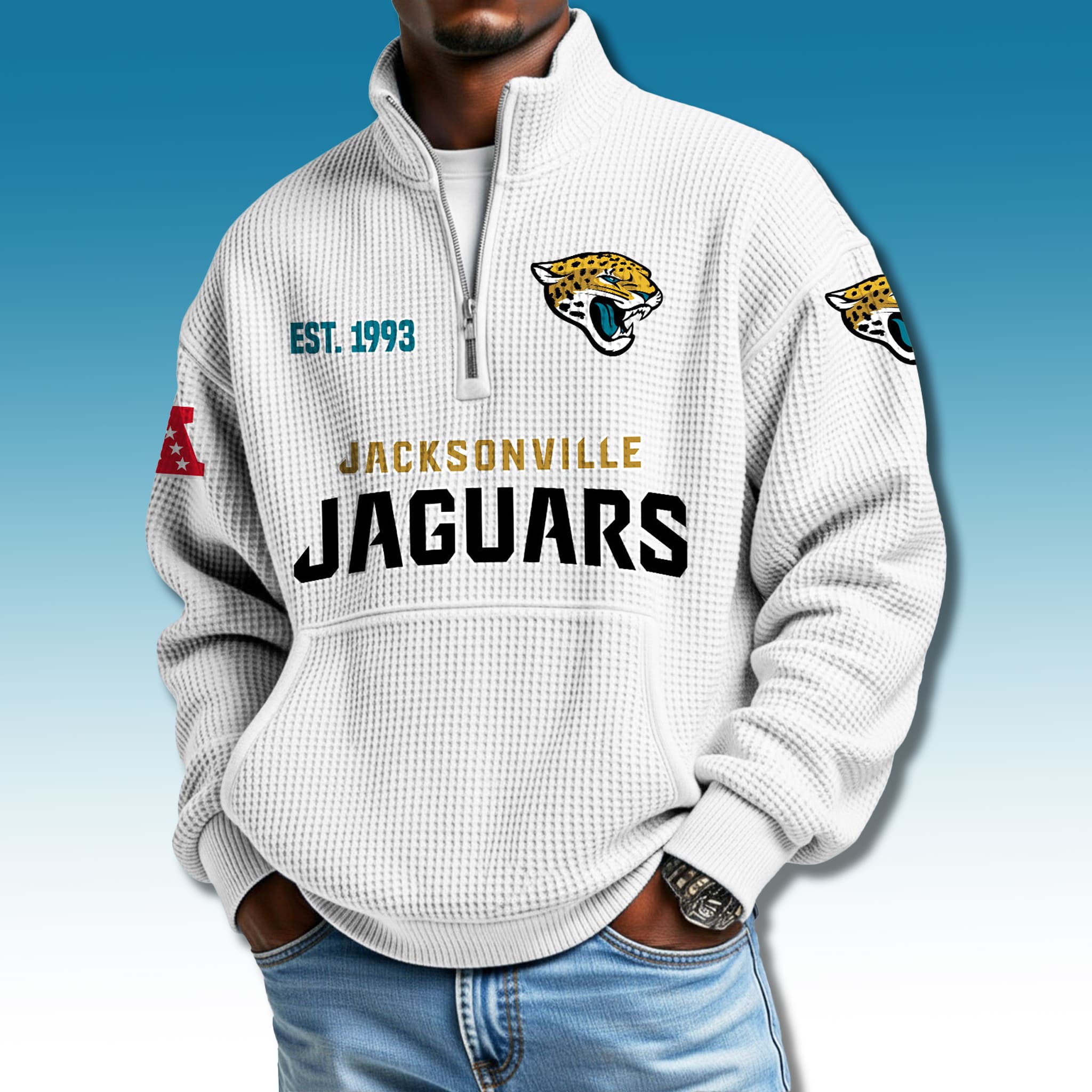 Jacksonville Jaguars EST 1993 Waffle Quarter Zip Sweater Jacksonville Jaguars EST 1993 Waffle Quarter Zip Sweater