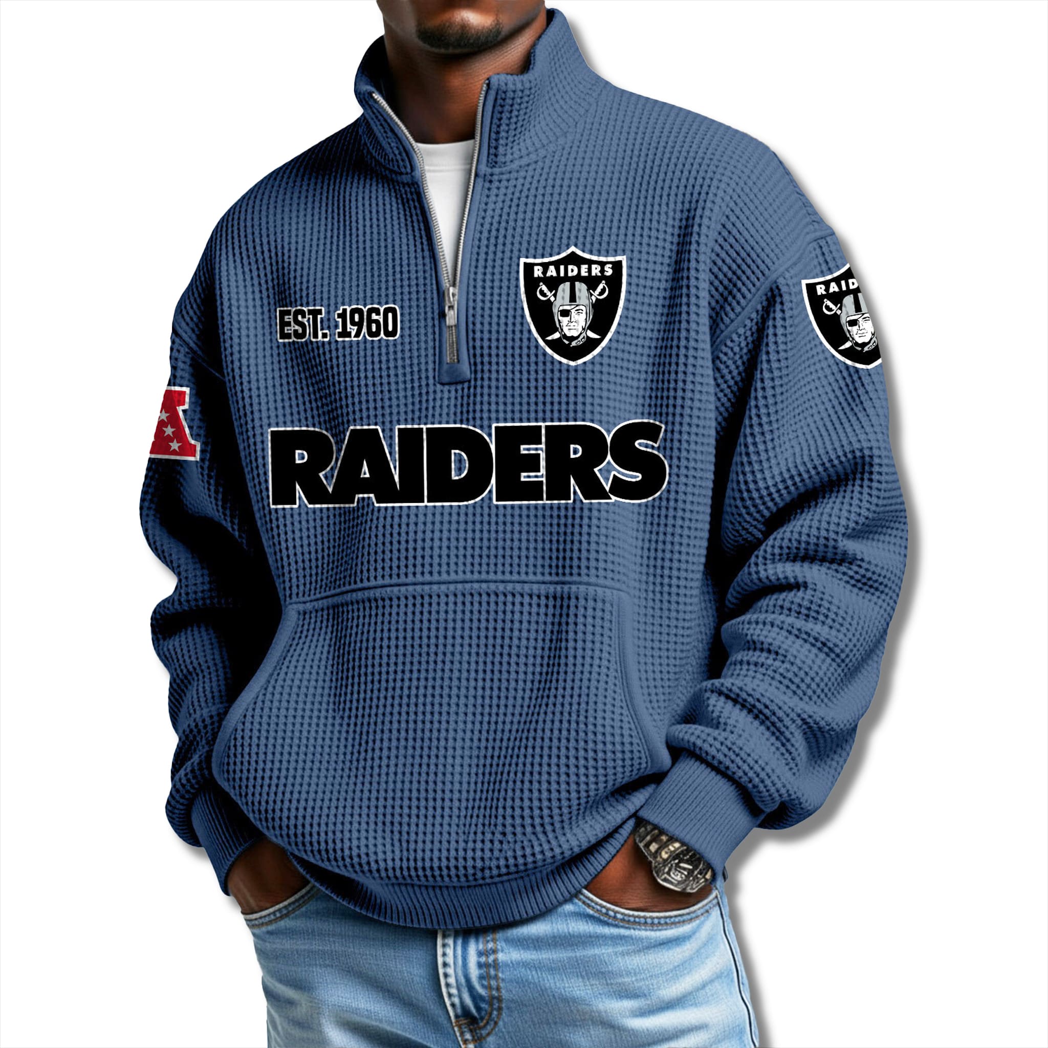 Las Vegas Raiders EST 1960 Waffle Quarter Zip Sweater 1 Las Vegas Raiders EST 1960 Waffle Quarter Zip Sweater 1